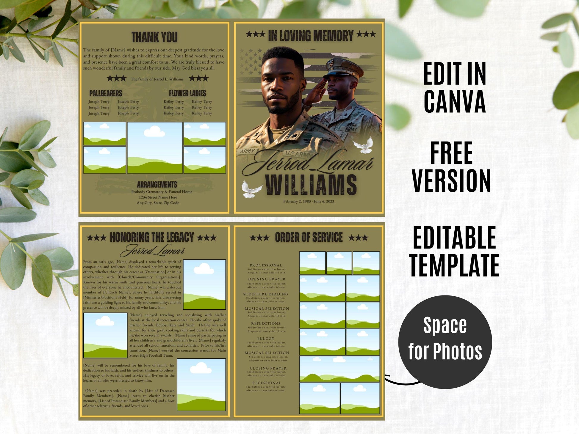 4pg Bi-fold | Editable Military Veteran Obituary CanvaTemplate | Patriotic Celebration of Life Funeral Program Brochure for Memorial Service