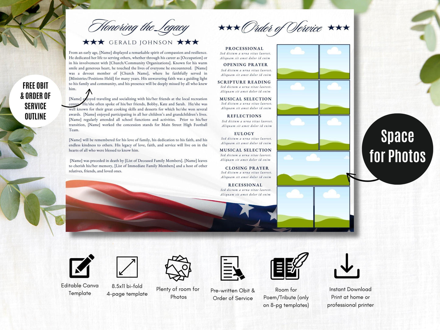 4pg Bi-fold | Editable Simple Military Obituary Canva Template | Patriotic Celebration of Life Funeral Program Brochure for Memorial Service