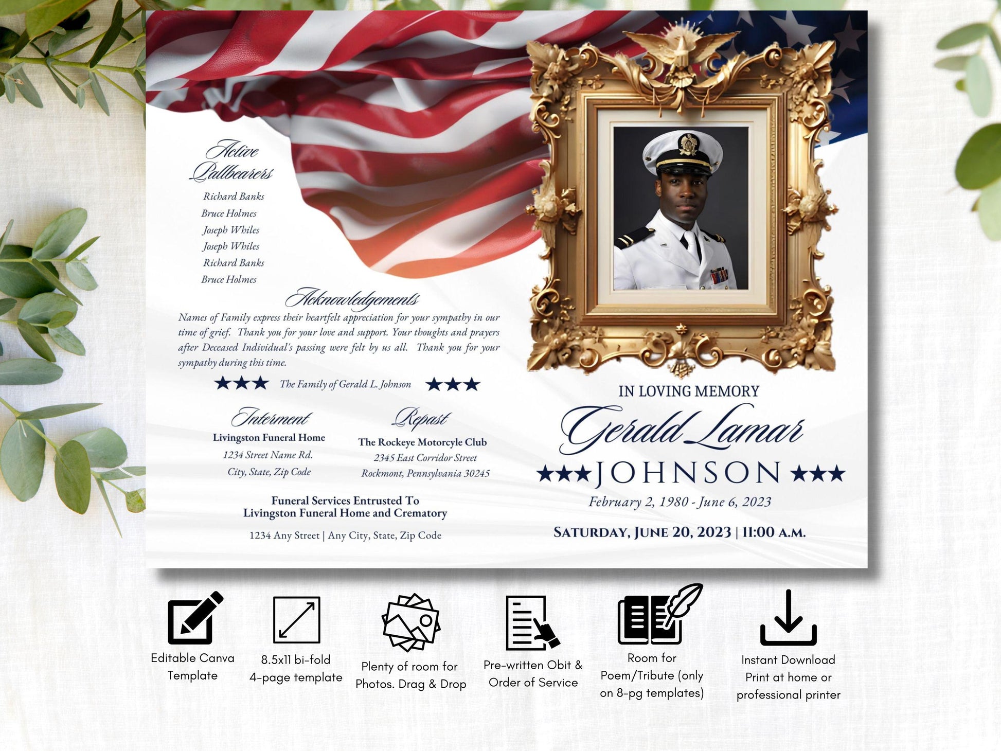 4pg Bi-fold | Editable Simple Military Obituary Canva Template | Patriotic Celebration of Life Funeral Program Brochure for Memorial Service