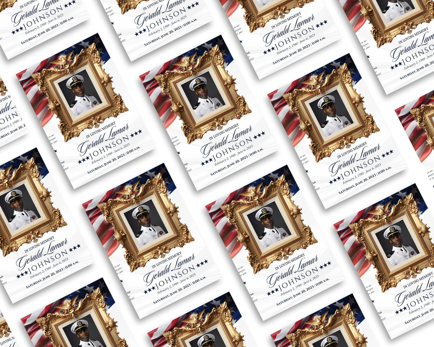4pg Bi-fold | Editable Simple Military Obituary Canva Template | Patriotic Celebration of Life Funeral Program Brochure for Memorial Service