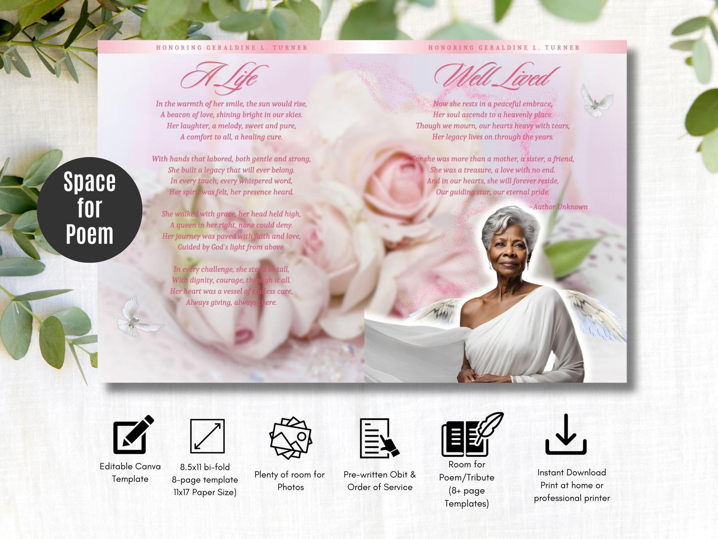 8-Page | Large 8.5x11 Bi-fold Funeral Program Book Design | Pink Rose Inspired | Obituary Book| Memorial Keepsake | Canva Template