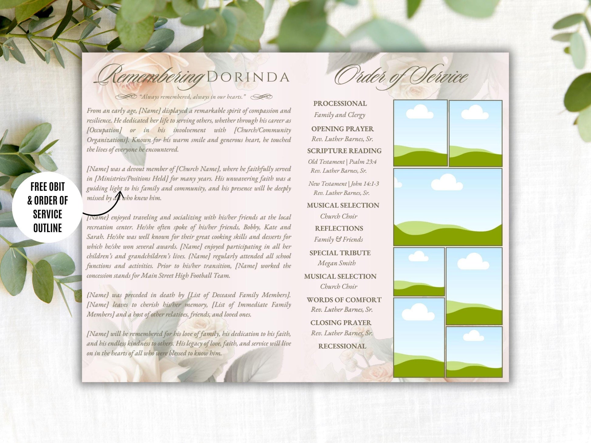 4-Page | 5.5x8.5 Bi-fold Funeral Program Book Design | Pastel Pink Floral | Obituary Book| Memorial Keepsake | Canva Template