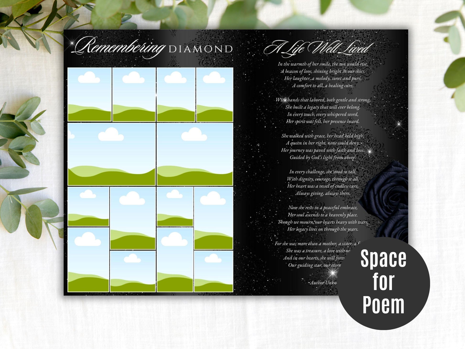 8-Page | 5.5x8.5 Bi-fold Funeral Program Book Design | Class Black and Diamonds | Obituary Book| Memorial Keepsake | Canva Template