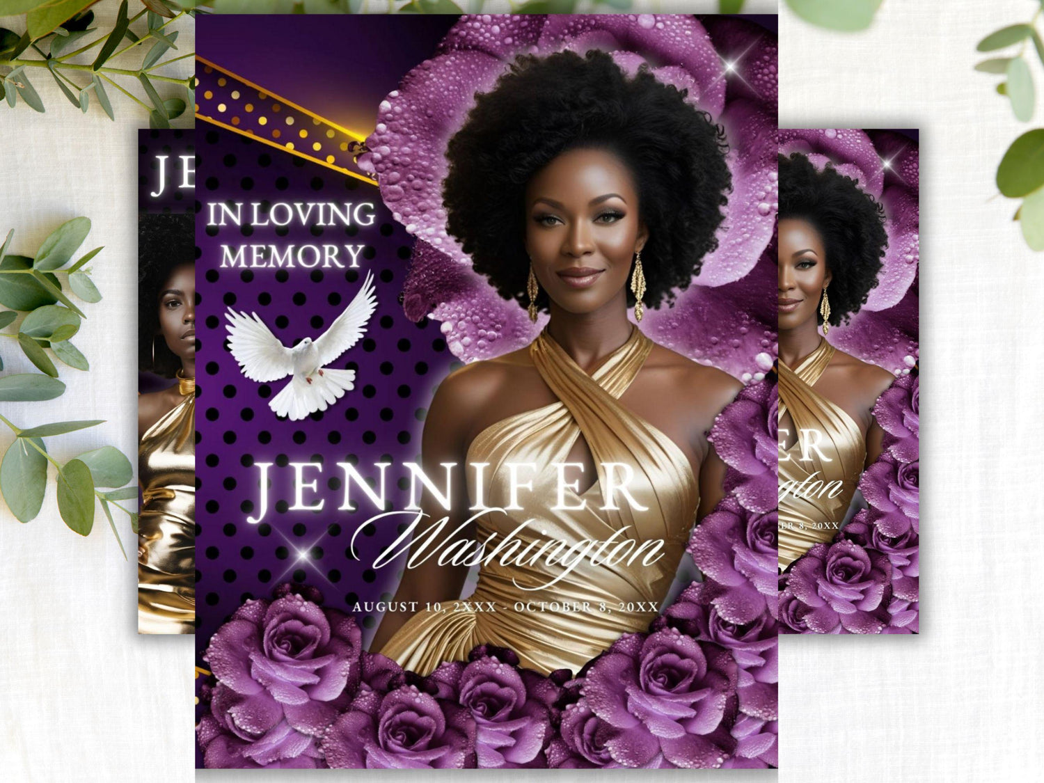 Editable Canva Funeral Program Template | Purple Rose and Gold | 4-Page 11X17 Bi-fold | Memorial Keepsake | | Canva Template