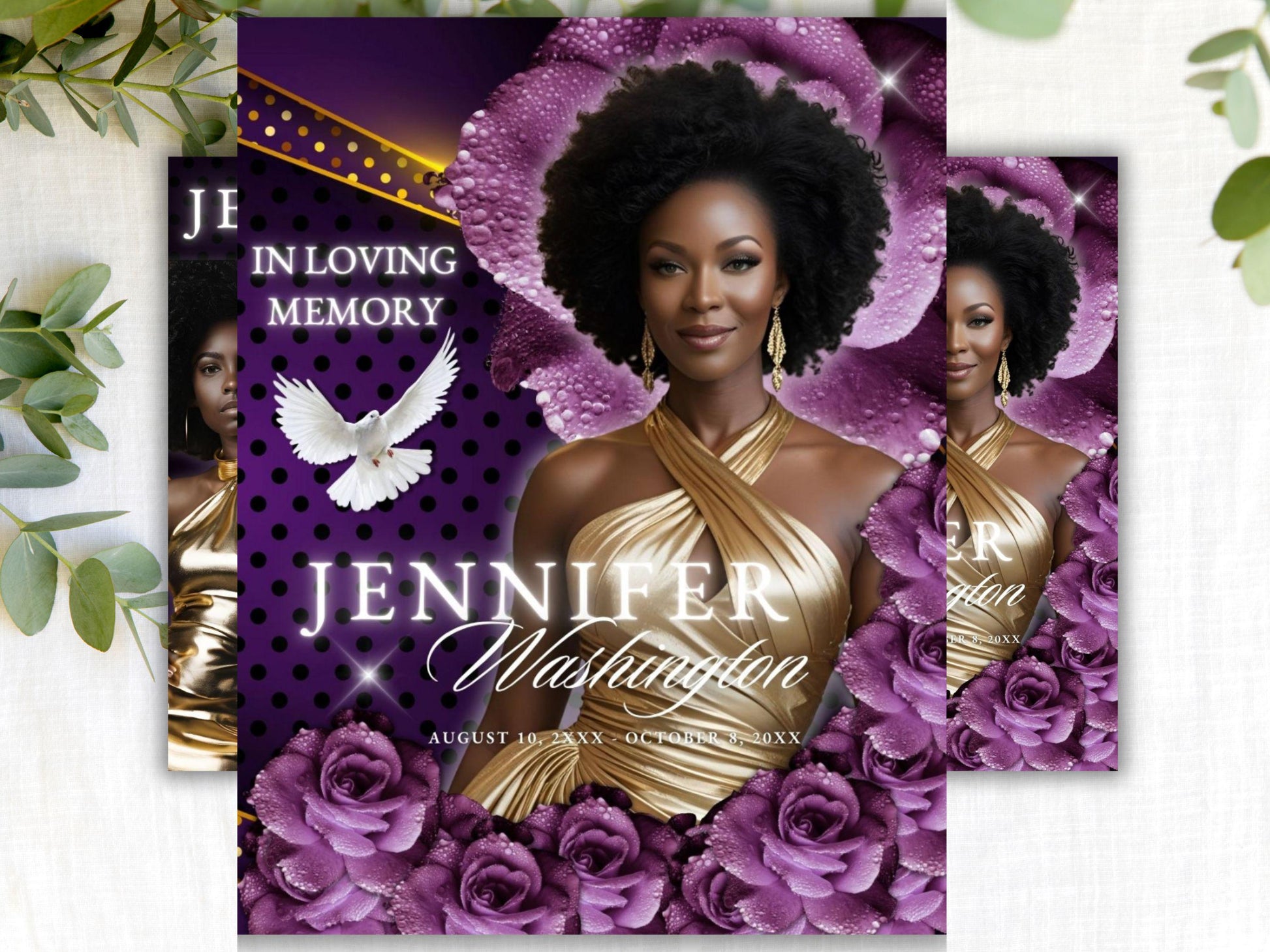 Editable Canva Funeral Program Template | Purple Rose and Gold | 4-Page 11X17 Bi-fold | Memorial Keepsake | | Canva Template