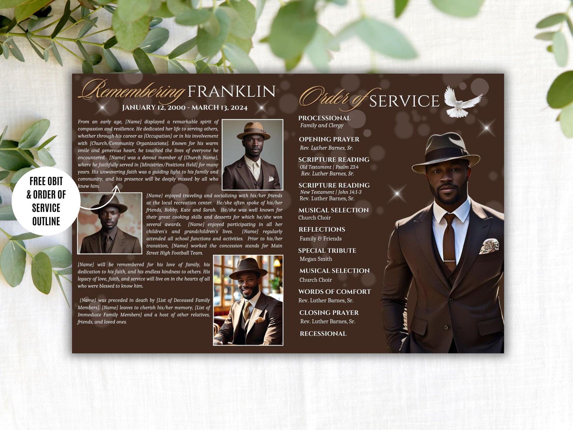 Editable Canva Funeral Program Template | Brown and Gold Stairway | 4-Page 11X17 Bi-fold | Memorial Keepsake | | Canva Template