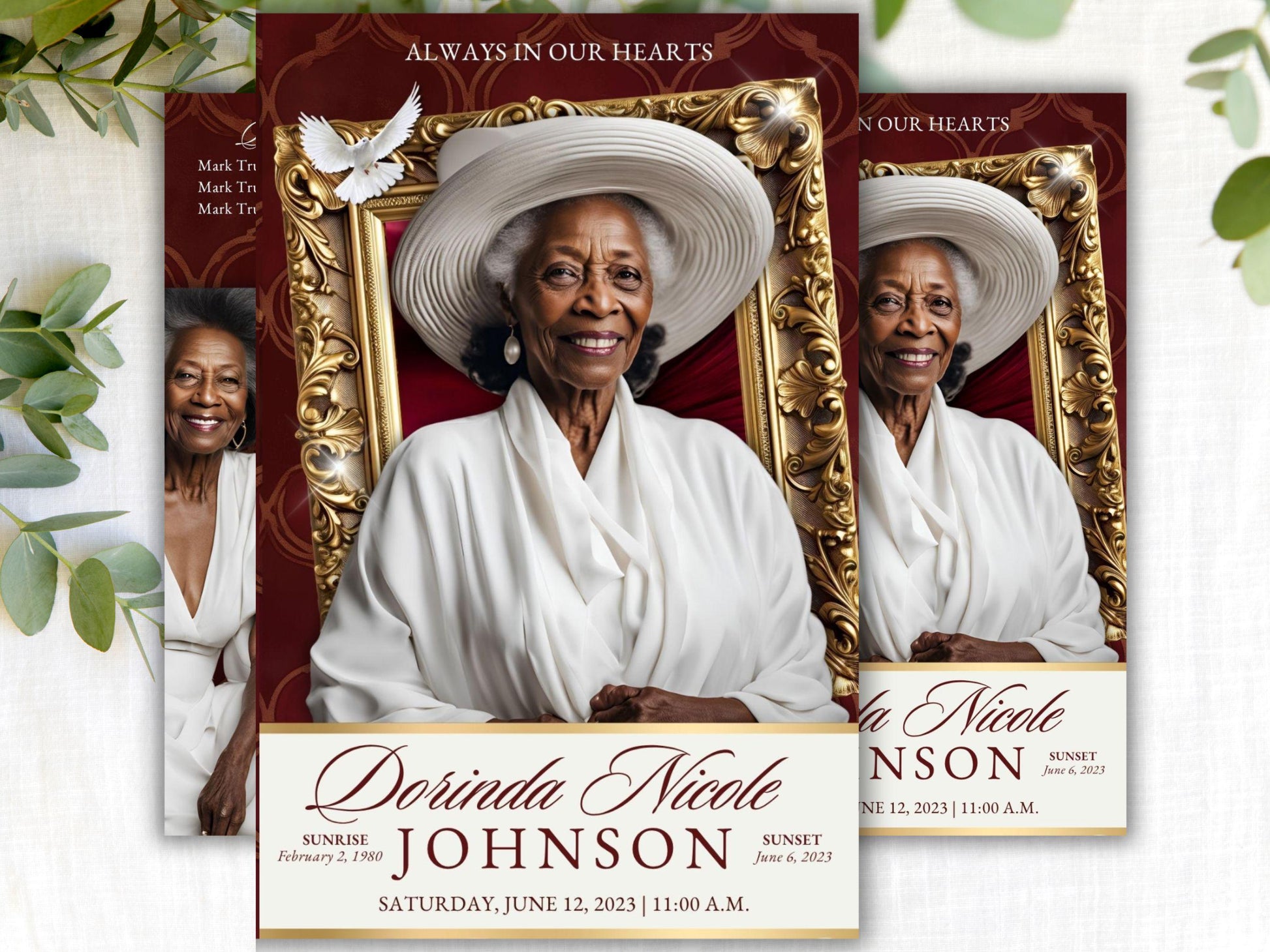 8-Page | 5.5x8.5 Bi-fold Funeral Program Book Design | Burgundy and Gold | Obituary Book| Memorial Keepsake | Canva Template