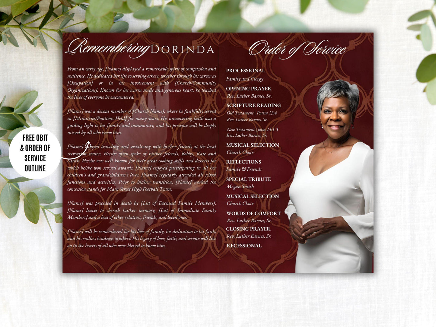 8-Page | 5.5x8.5 Bi-fold Funeral Program Book Design | Burgundy and Gold | Obituary Book| Memorial Keepsake | Canva Template