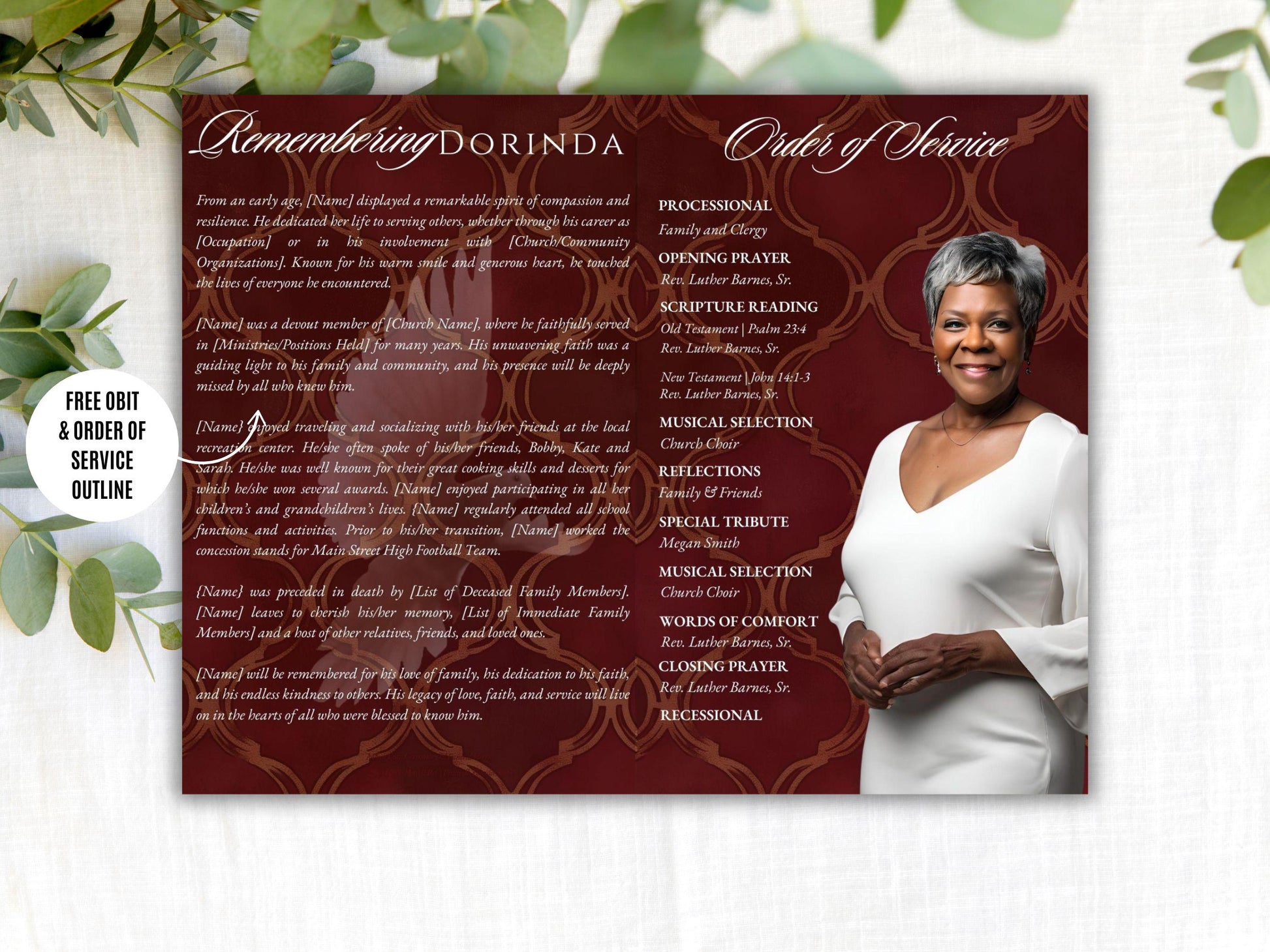8-Page | 5.5x8.5 Bi-fold Funeral Program Book Design | Burgundy and Gold | Obituary Book| Memorial Keepsake | Canva Template