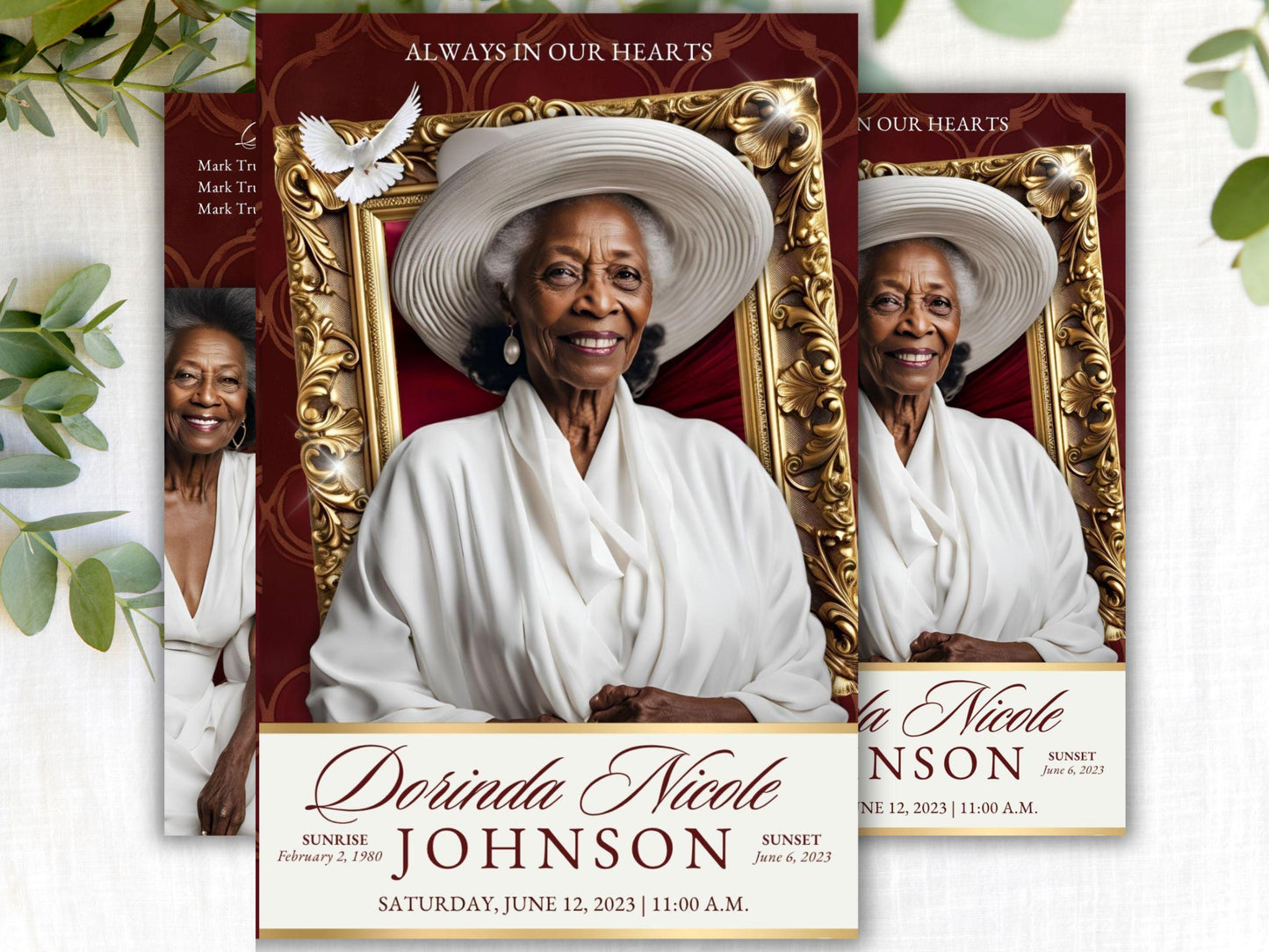 4-Page | 5.5x8.5 Bi-fold Funeral Program Book Design | Maroon (red) and Gold | Obituary Book| Celebration of Life | Canva Funeral Template