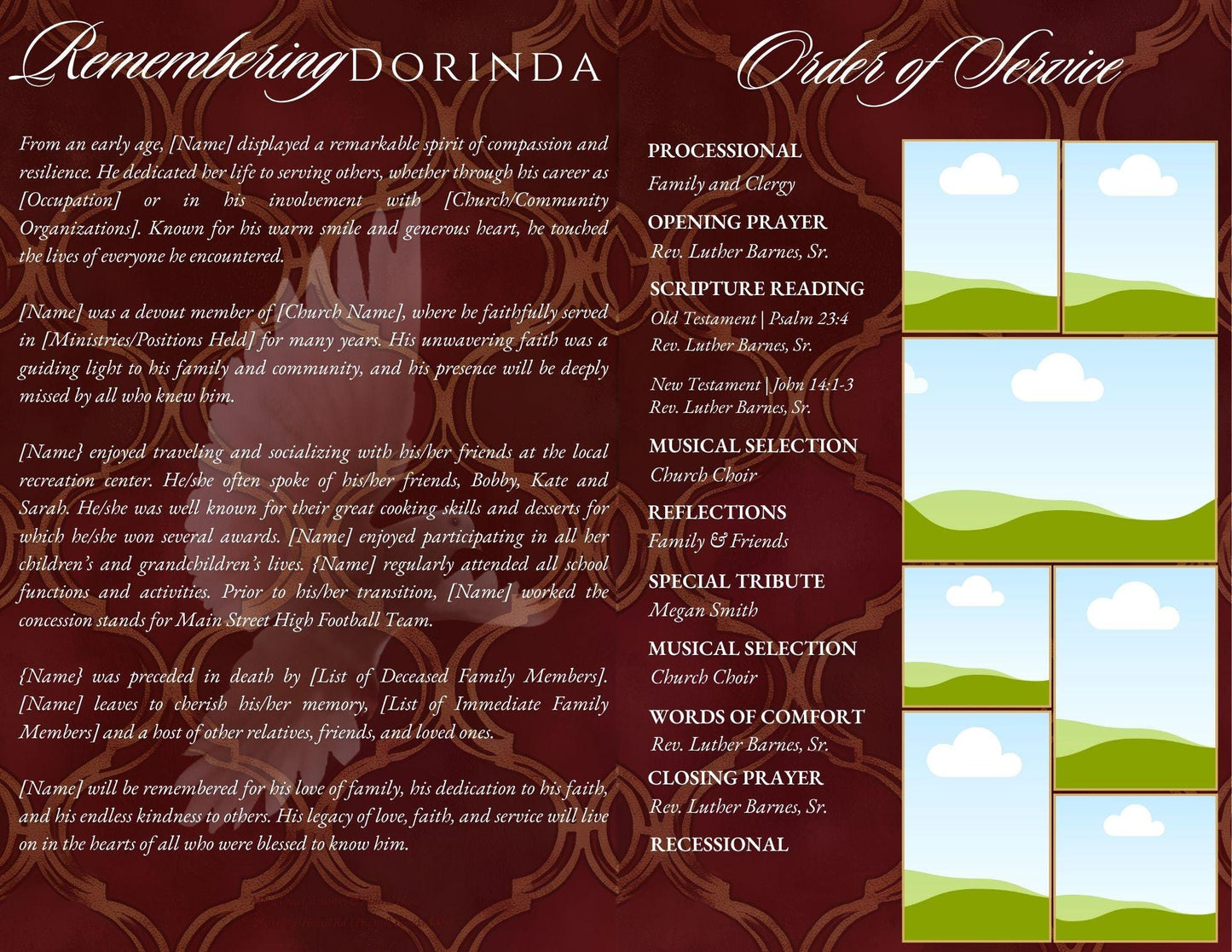 4-Page | 5.5x8.5 Bi-fold Funeral Program Book Design | Maroon (red) and Gold | Obituary Book| Celebration of Life | Canva Funeral Template