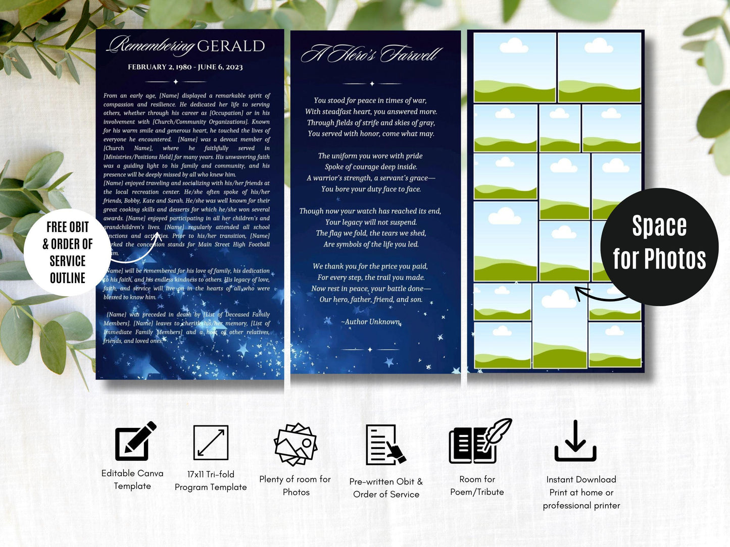 Tri-fold | Editable Military Veteran Obituary Canva Template | Patriotic Celebration of Life Funeral Program Brochure for Memorial Service