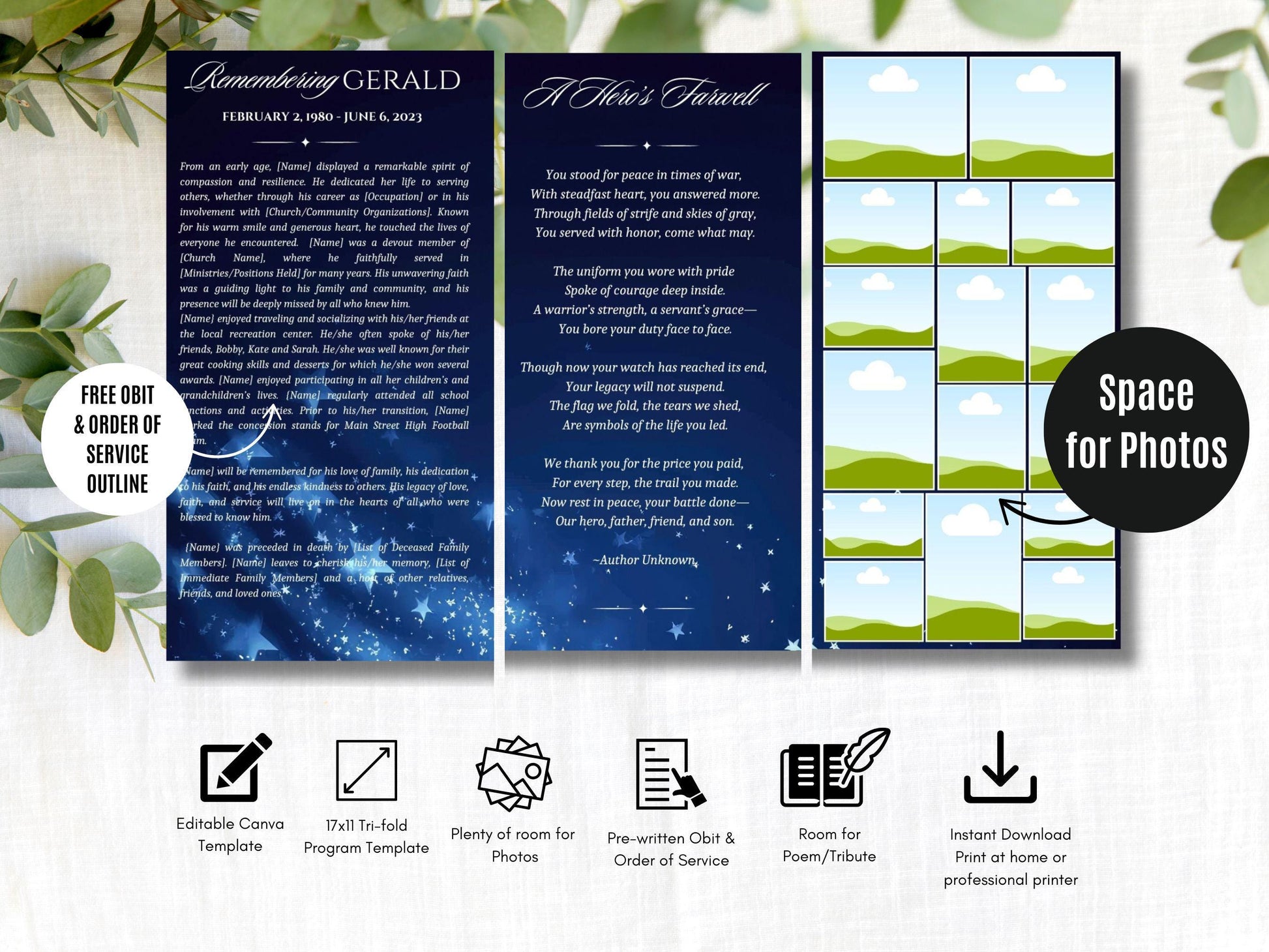 Tri-fold | Editable Military Veteran Obituary Canva Template | Patriotic Celebration of Life Funeral Program Brochure for Memorial Service
