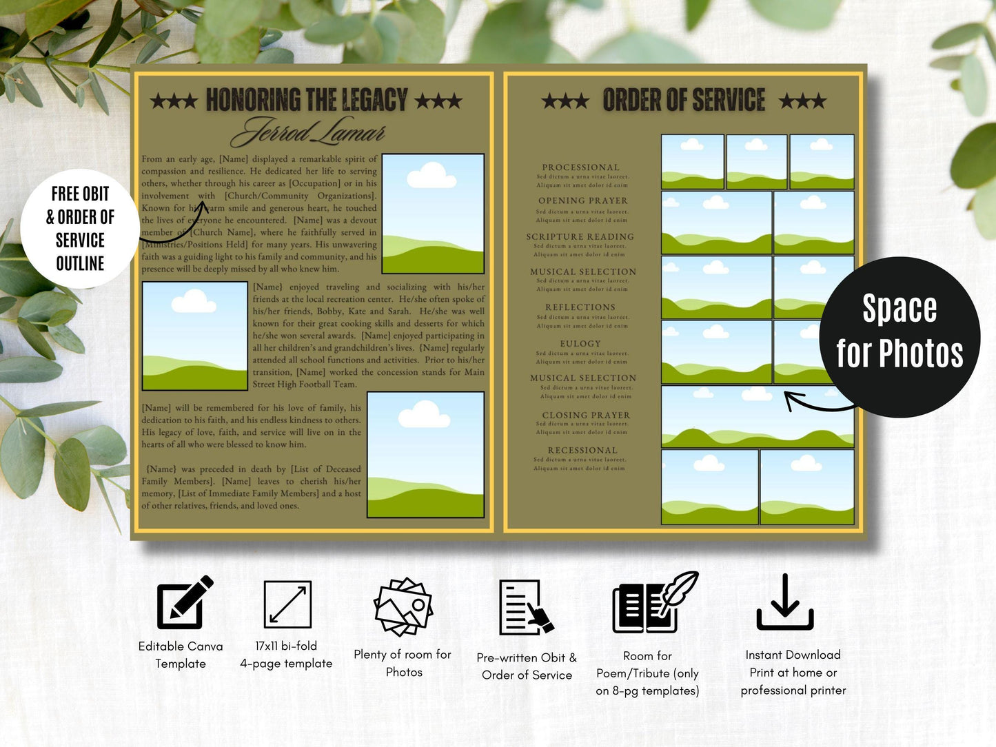 4pg Bi-fold | Editable Military Veteran Obituary CanvaTemplate | Patriotic Celebration of Life Funeral Program Brochure for Memorial Service