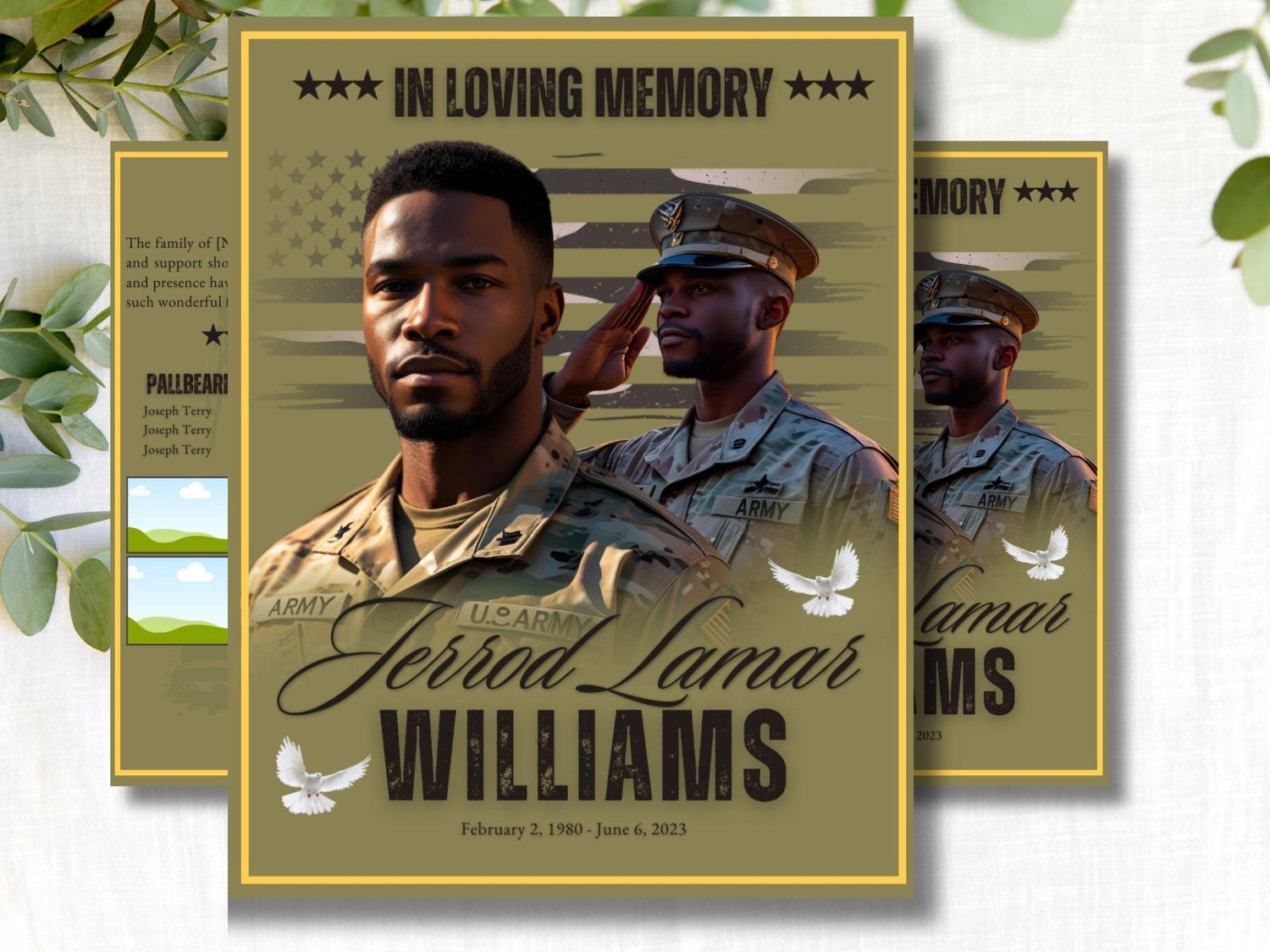 4pg Bi-fold | Editable Military Veteran Obituary CanvaTemplate | Patriotic Celebration of Life Funeral Program Brochure for Memorial Service