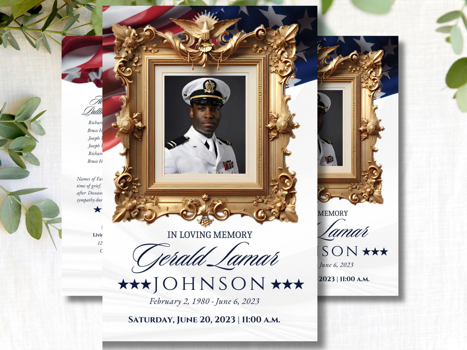 4pg Bi-fold | Editable Simple Military Obituary Canva Template | Patriotic Celebration of Life Funeral Program Brochure for Memorial Service