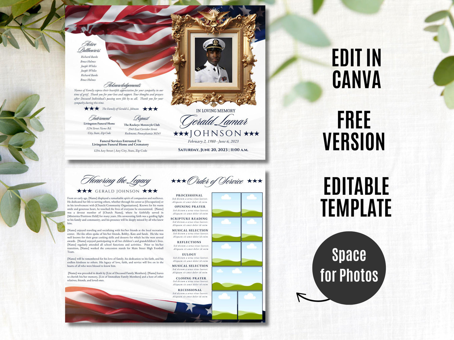 4pg Bi-fold | Editable Simple Military Obituary Canva Template | Patriotic Celebration of Life Funeral Program Brochure for Memorial Service