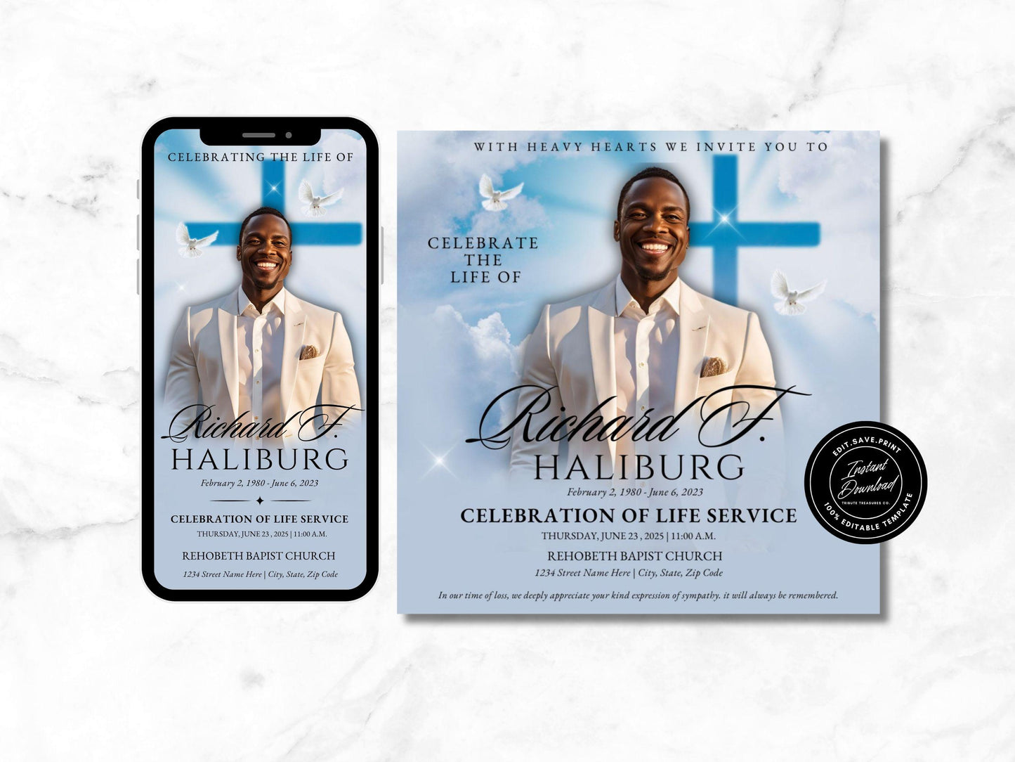 Customizable Funeral Announcement Template | Canva Editable | Instant Download | Memorial Service Invitation | Blue Clouds Cross