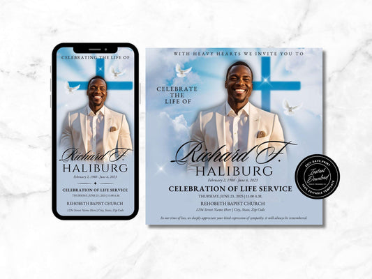 Customizable Funeral Announcement Template | Canva Editable | Instant Download | Memorial Service Invitation | Blue Clouds Cross