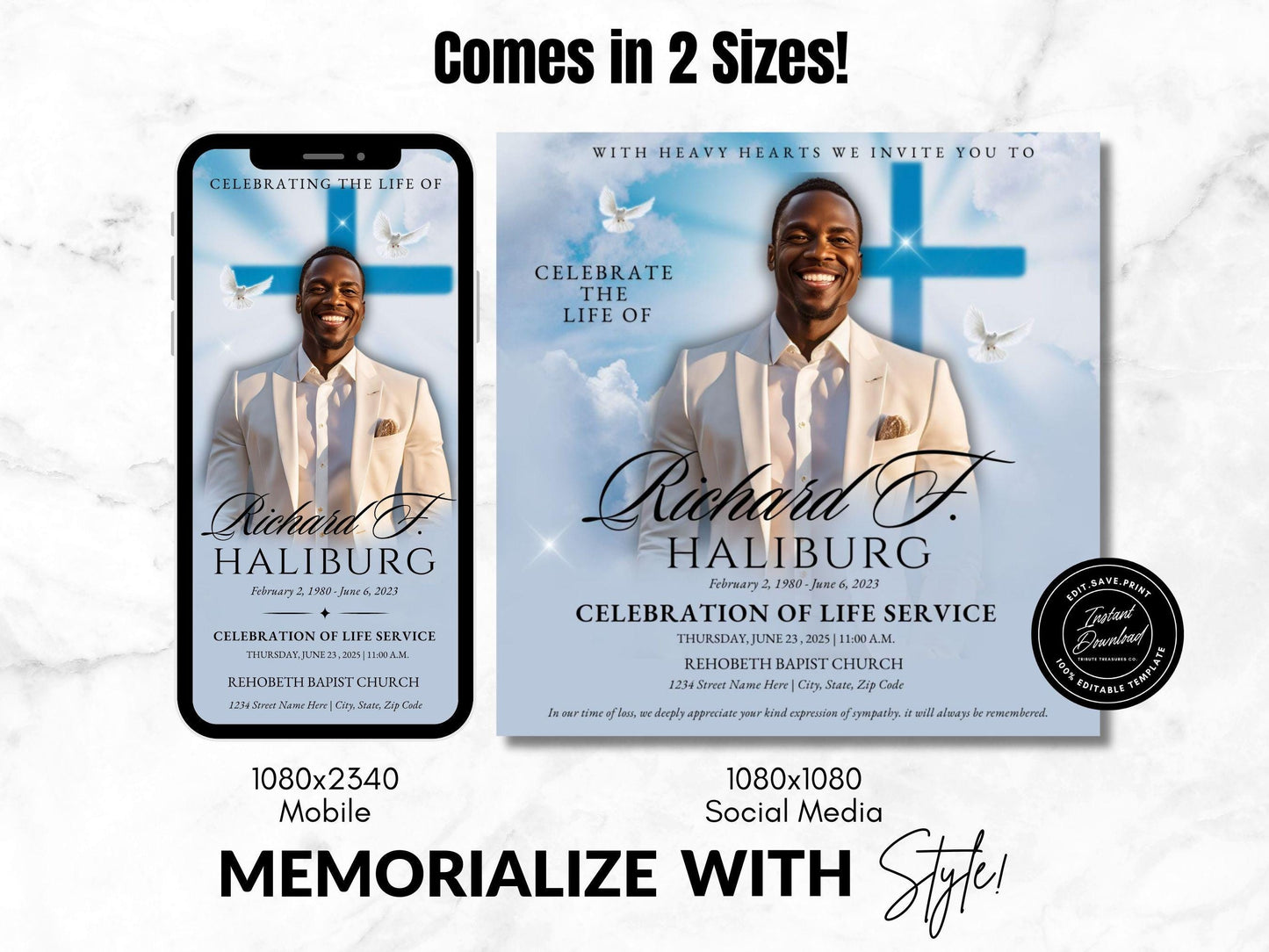 Customizable Funeral Announcement Template | Canva Editable | Instant Download | Memorial Service Invitation | Blue Clouds Cross