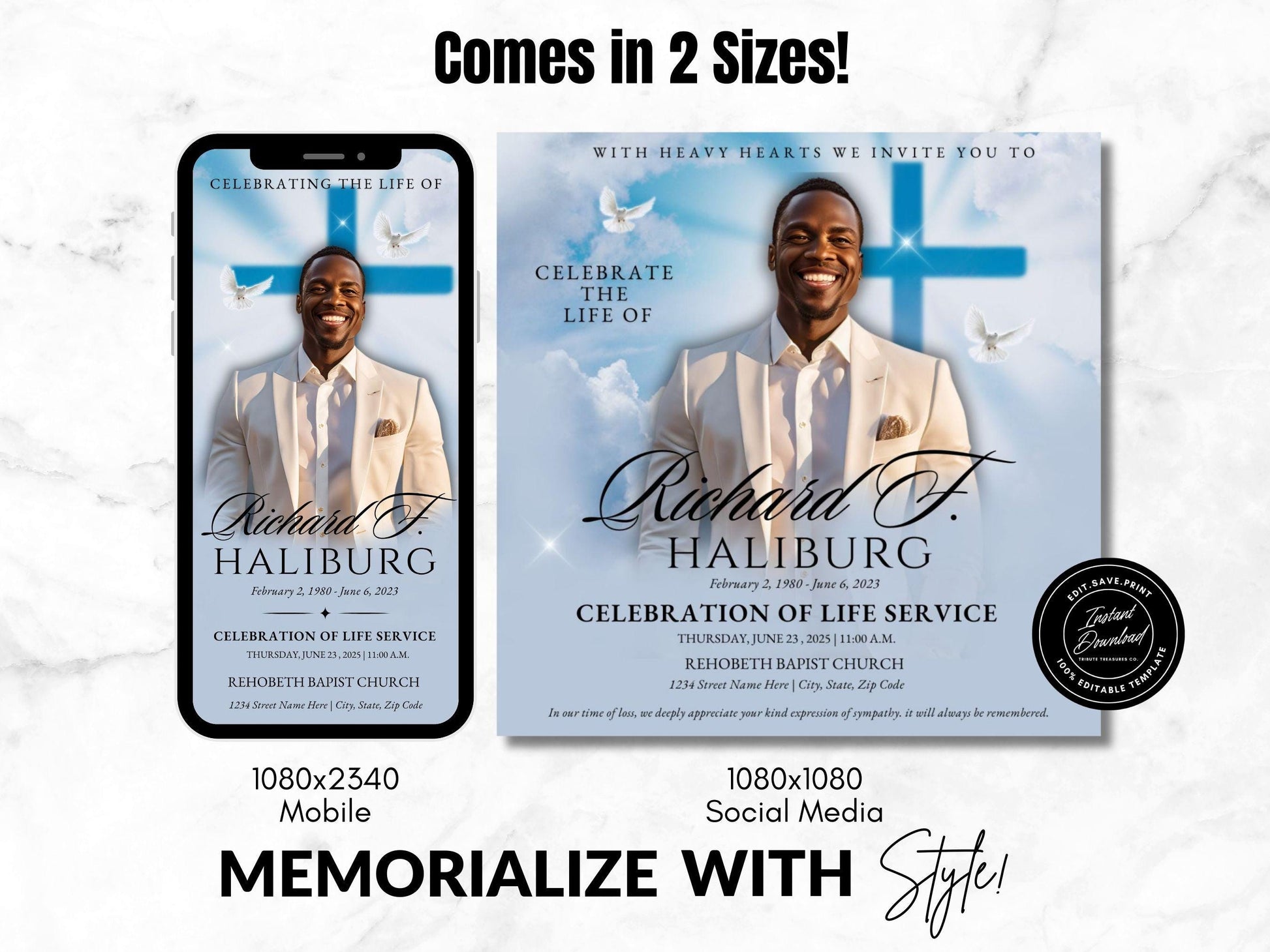 Customizable Funeral Announcement Template | Canva Editable | Instant Download | Memorial Service Invitation | Blue Clouds Cross