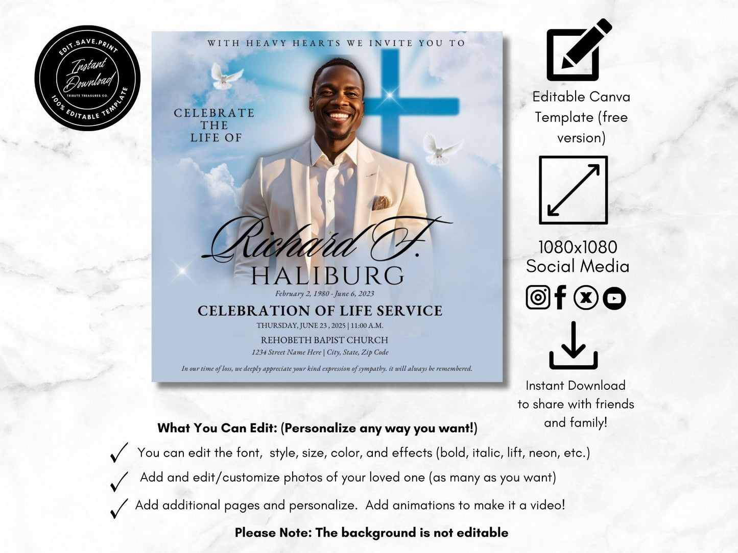 Customizable Funeral Announcement Template | Canva Editable | Instant Download | Memorial Service Invitation | Blue Clouds Cross