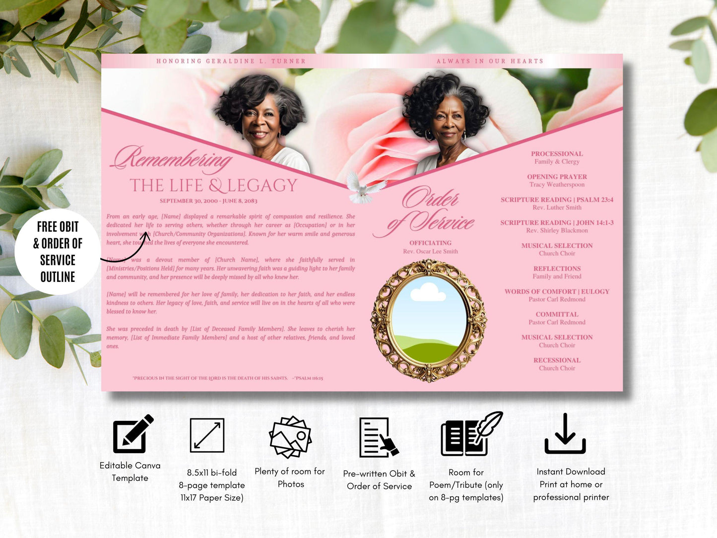 8-Page | Large 8.5x11 Bi-fold Funeral Program Book Design | Pink Rose Inspired | Obituary Book| Memorial Keepsake | Canva Template