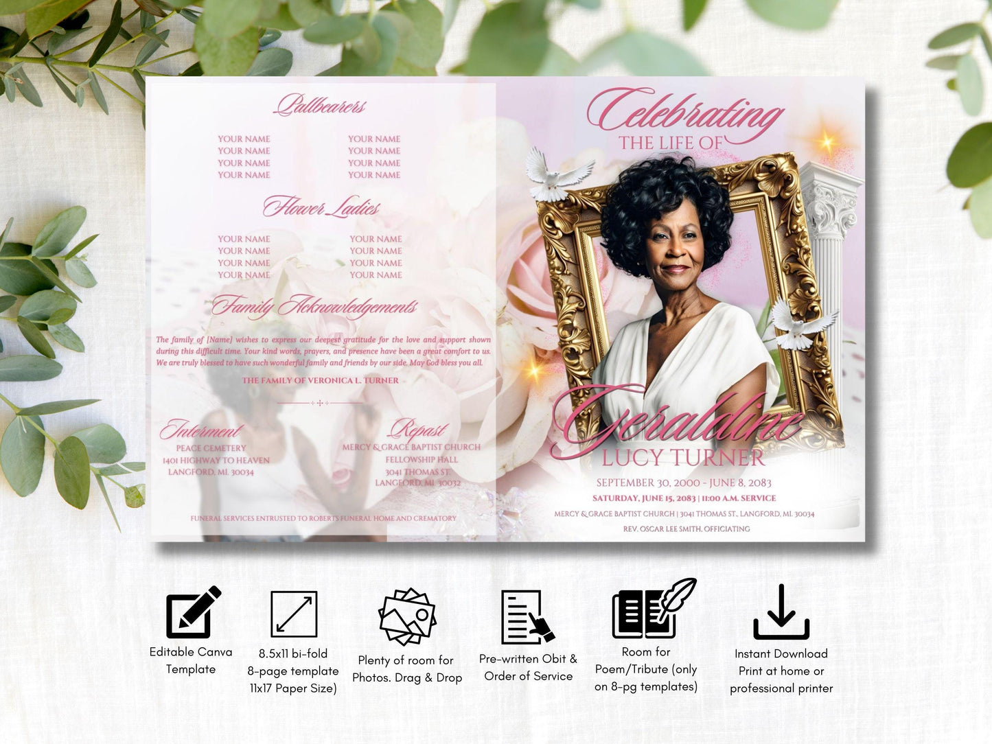 8-Page | Large 8.5x11 Bi-fold Funeral Program Book Design | Pink Rose Inspired | Obituary Book| Memorial Keepsake | Canva Template