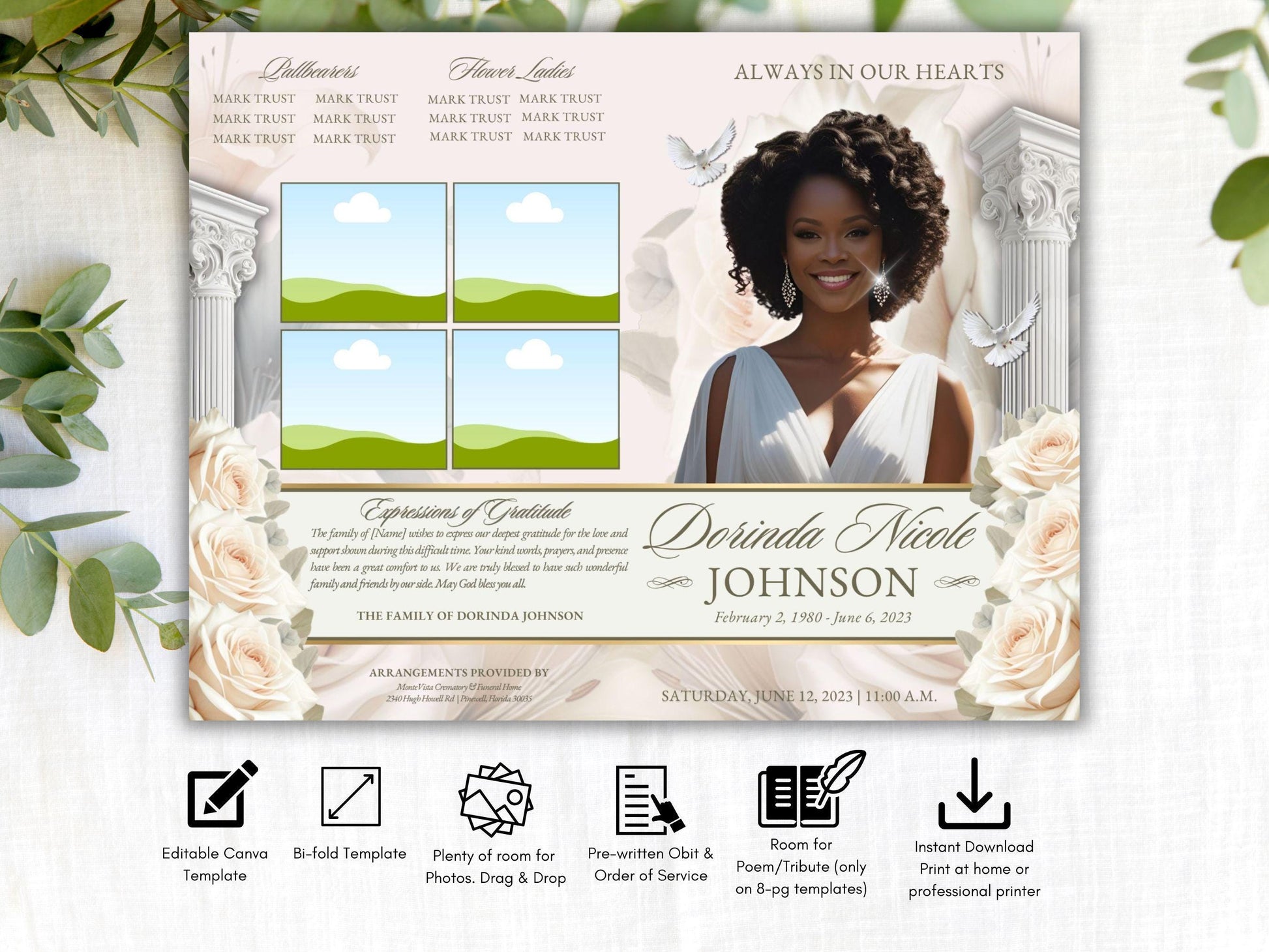 8-Page | 5.5x8.5 Bi-fold Funeral Program Book Design | Pastel Pink Floral | Obituary Book| Memorial Keepsake | Canva Template