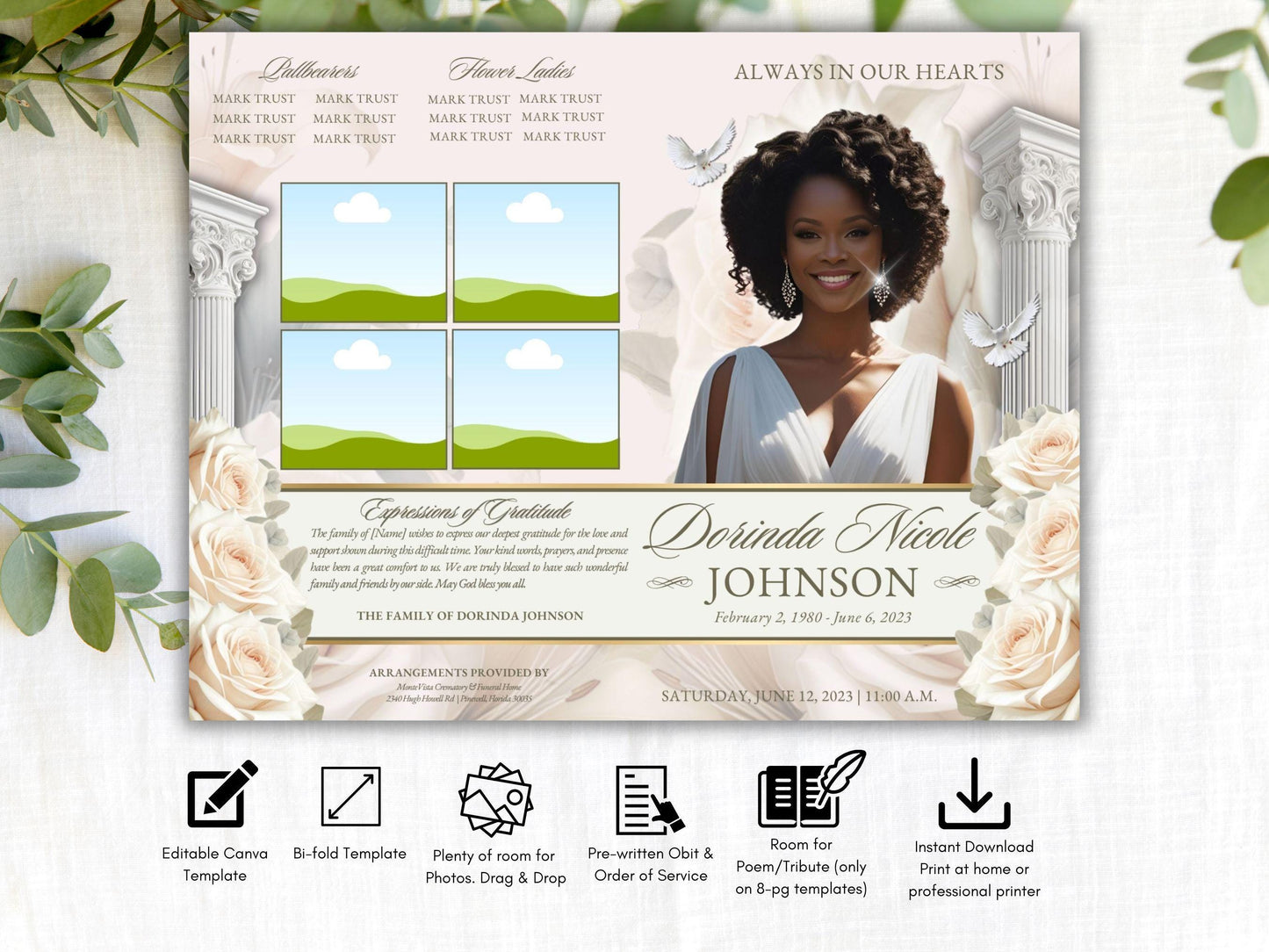 4-Page | 5.5x8.5 Bi-fold Funeral Program Book Design | Pastel Pink Floral | Obituary Book| Memorial Keepsake | Canva Template