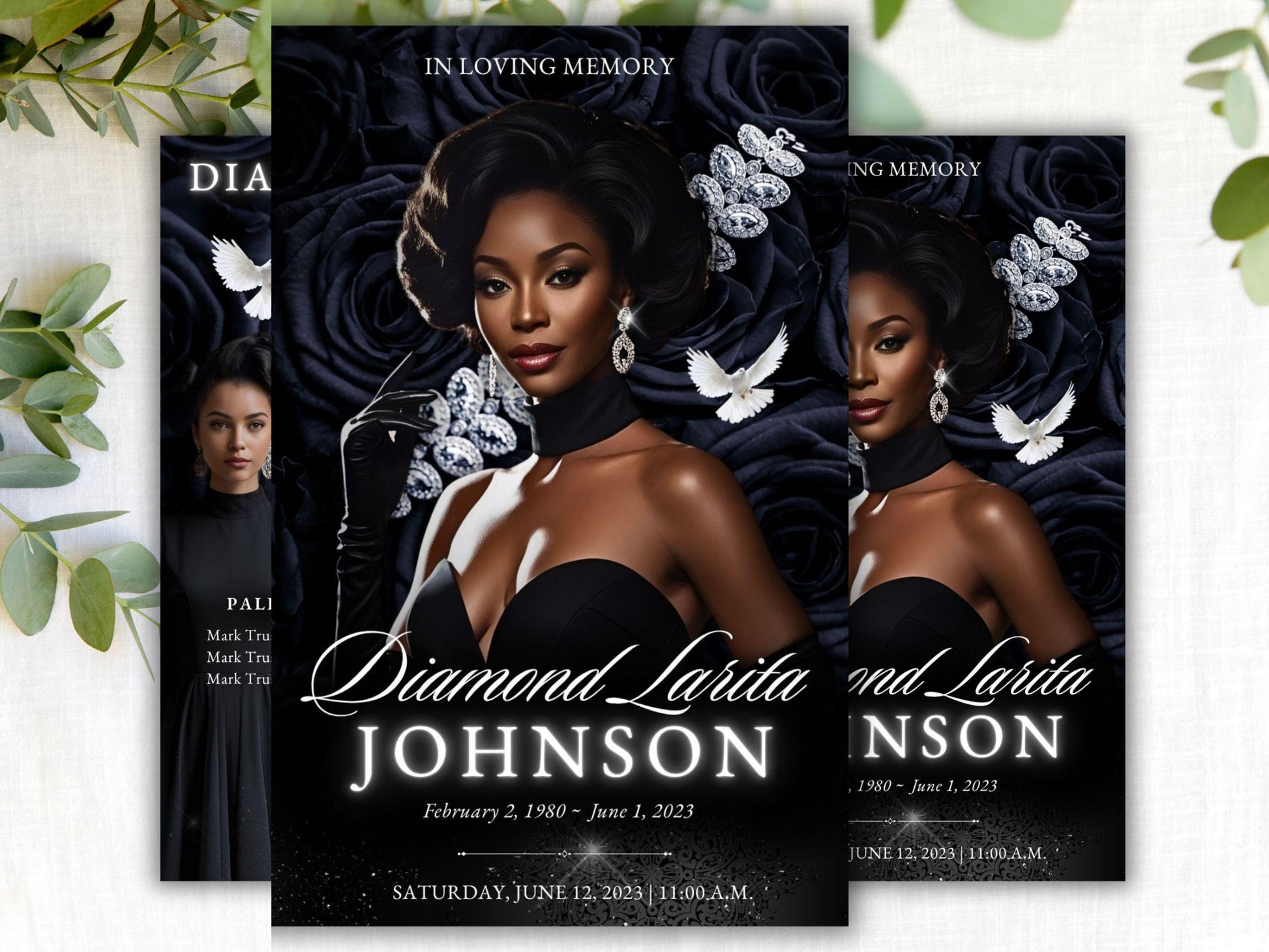 8-Page | 5.5x8.5 Bi-fold Funeral Program Book Design | Class Black and Diamonds | Obituary Book| Memorial Keepsake | Canva Template