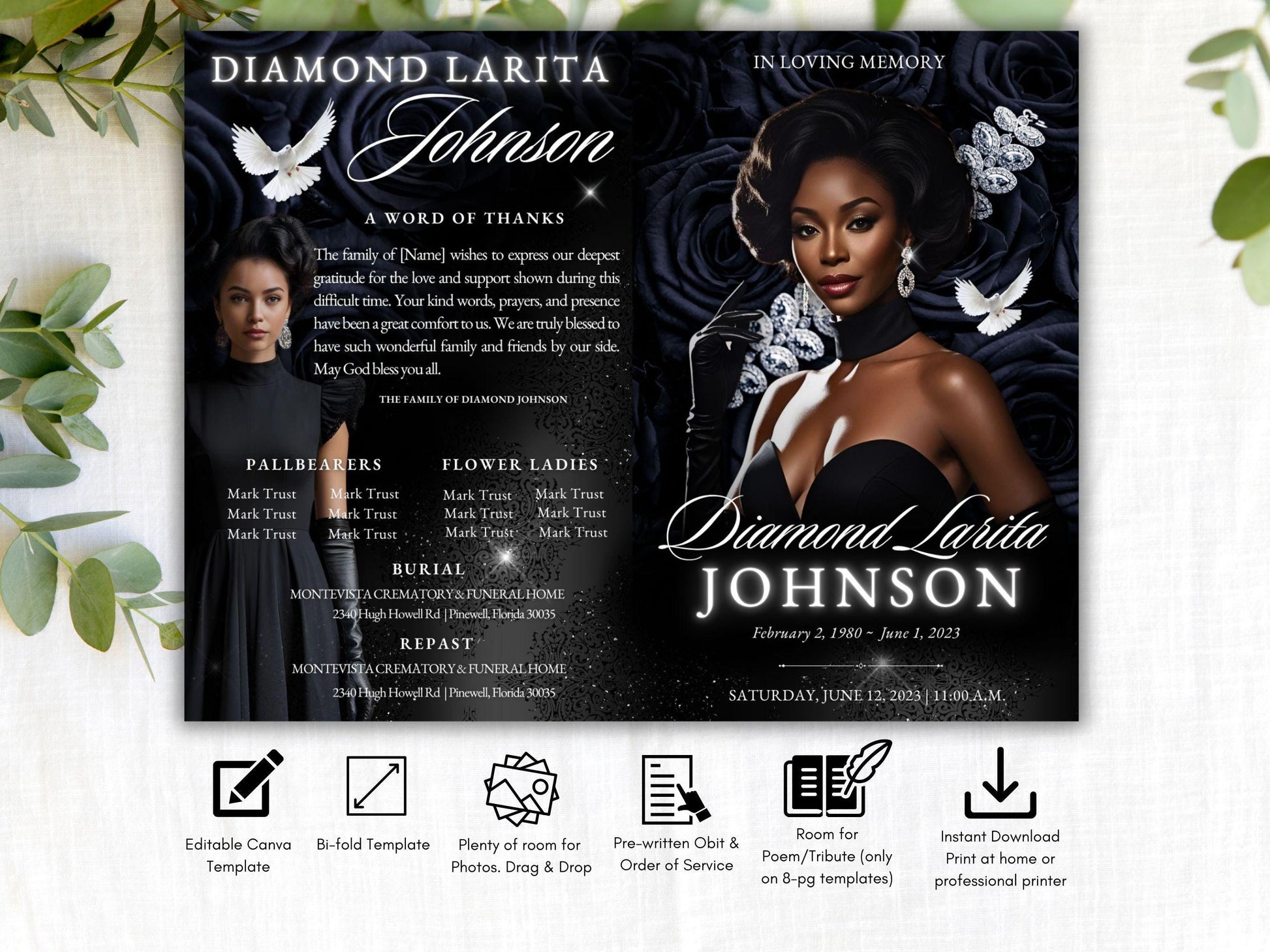 8-Page | 5.5x8.5 Bi-fold Funeral Program Book Design | Class Black and Diamonds | Obituary Book| Memorial Keepsake | Canva Template