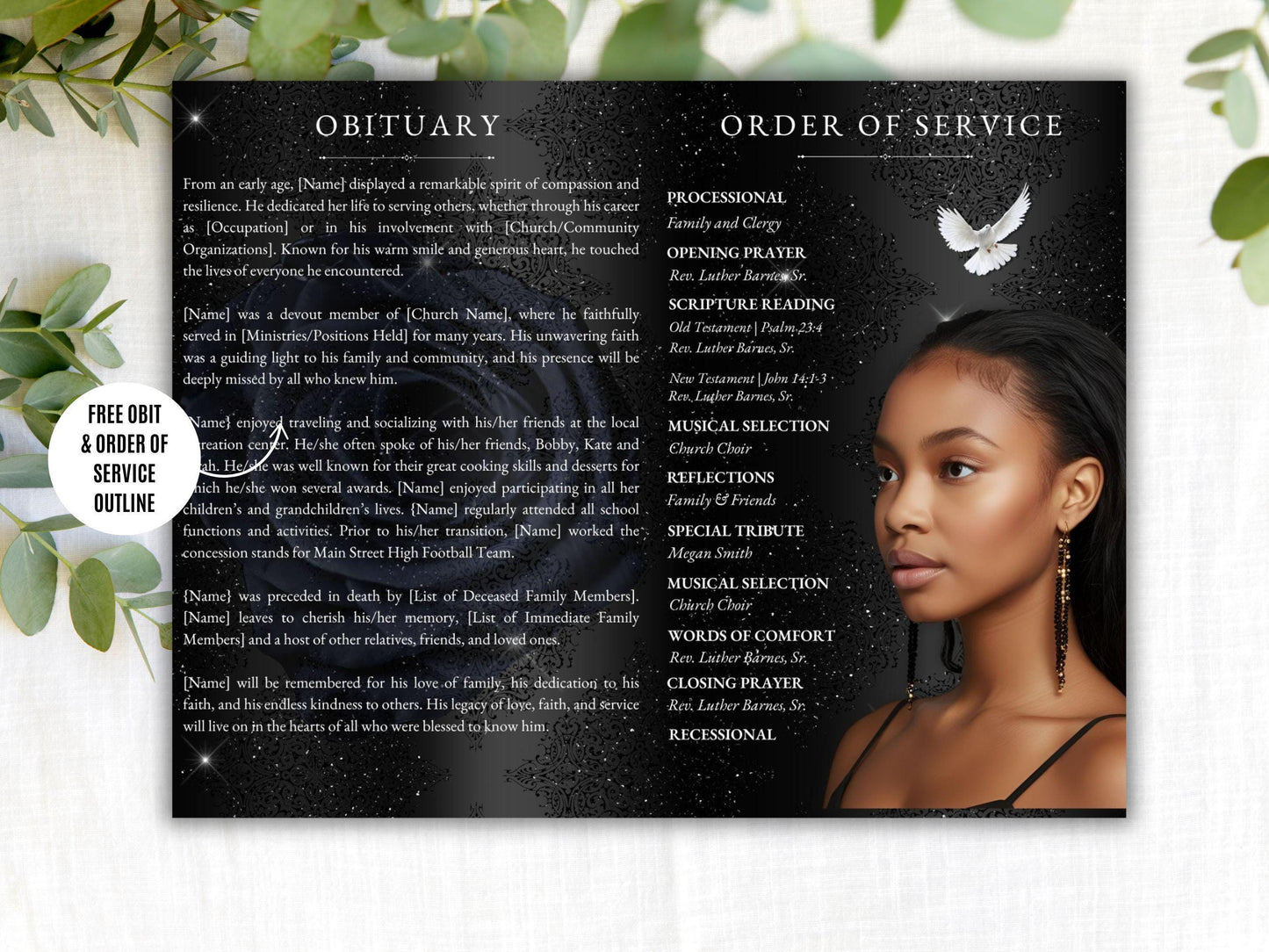 8-Page | 5.5x8.5 Bi-fold Funeral Program Book Design | Class Black and Diamonds | Obituary Book| Memorial Keepsake | Canva Template