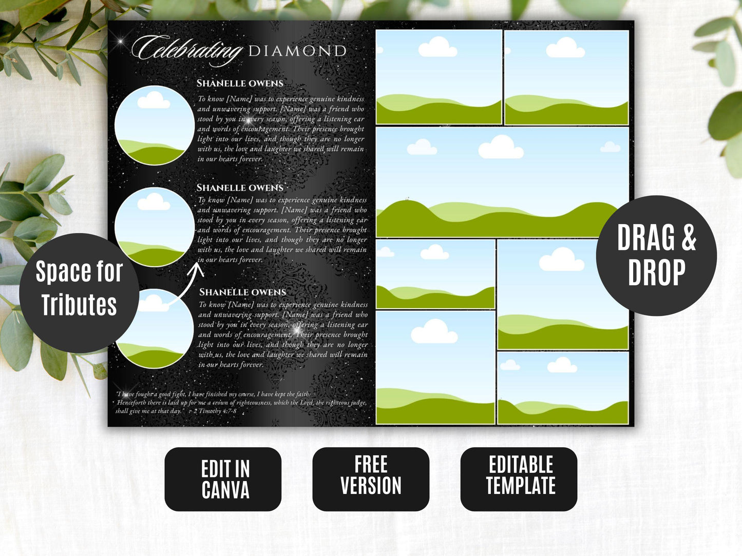 8-Page | 5.5x8.5 Bi-fold Funeral Program Book Design | Class Black and Diamonds | Obituary Book| Memorial Keepsake | Canva Template