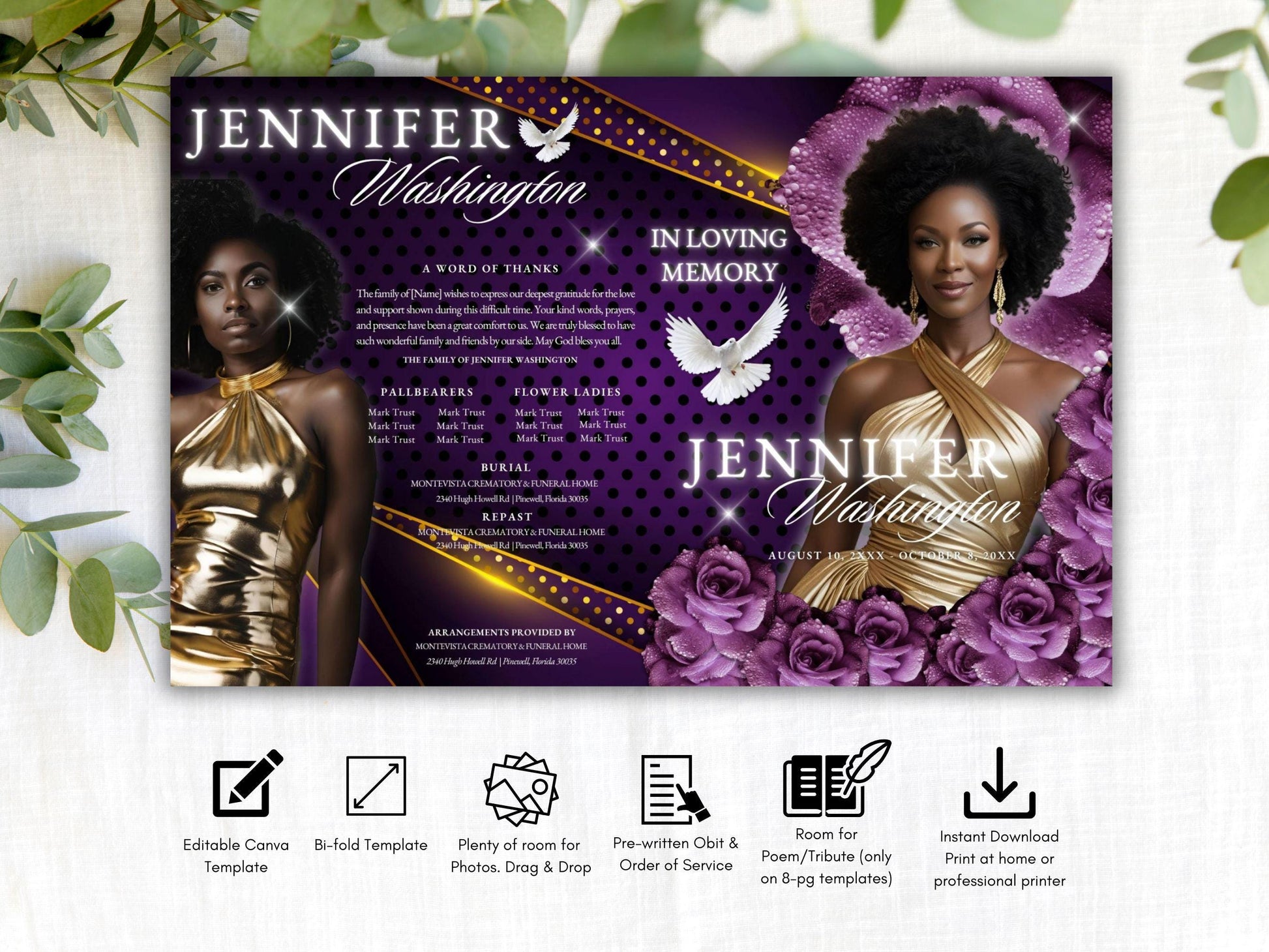 Editable Canva Funeral Program Template | Purple Rose and Gold | 4-Page 11X17 Bi-fold | Memorial Keepsake | | Canva Template