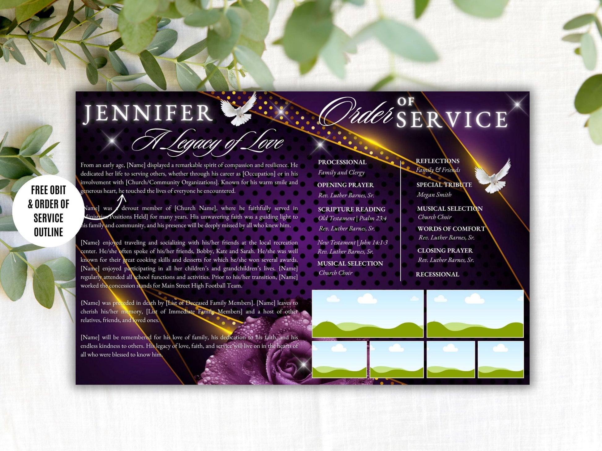 Editable Canva Funeral Program Template | Purple Rose and Gold | 4-Page 11X17 Bi-fold | Memorial Keepsake | | Canva Template