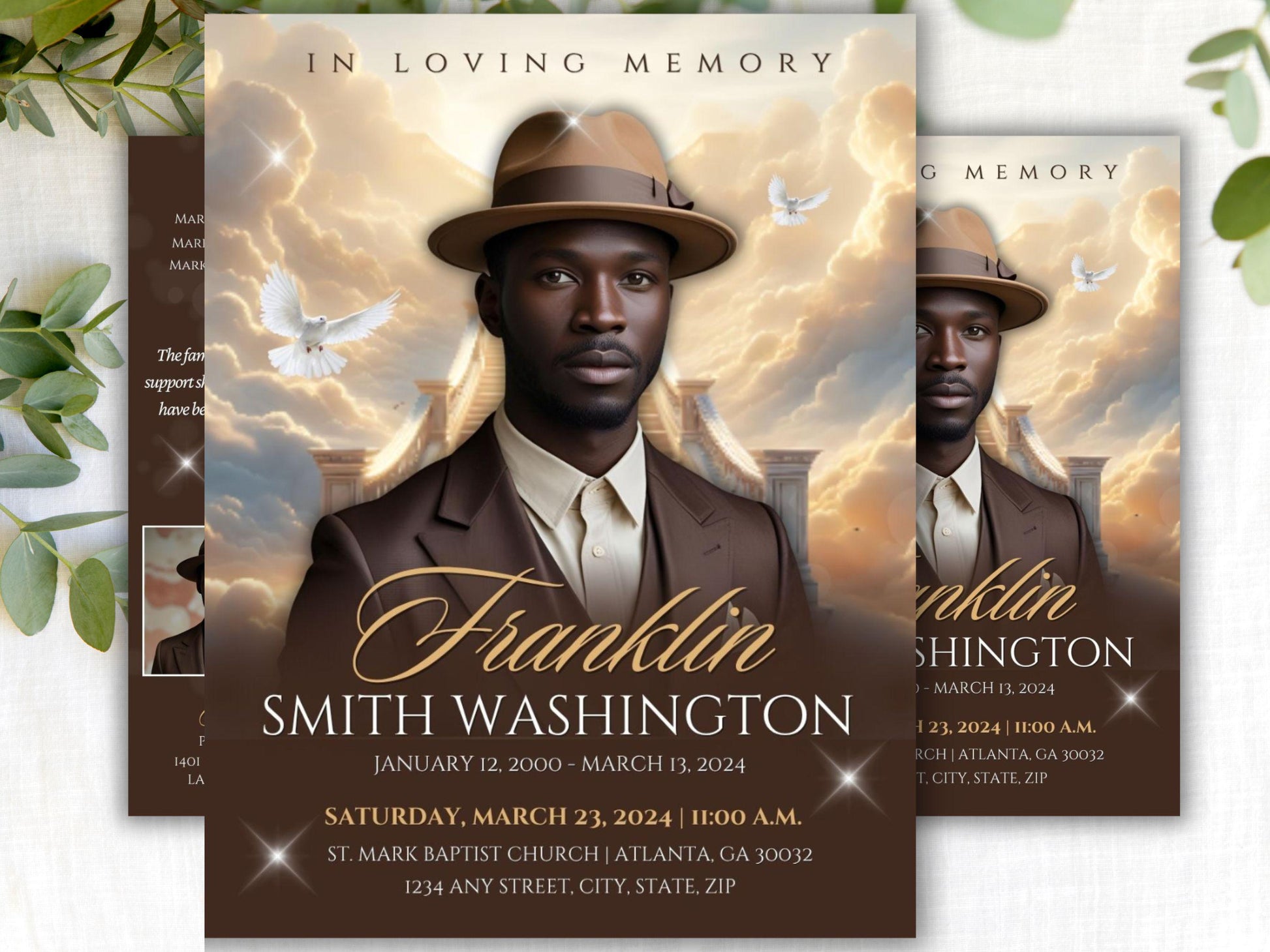 Editable Canva Funeral Program Template | Brown and Gold Stairway | 4-Page 11X17 Bi-fold | Memorial Keepsake | | Canva Template