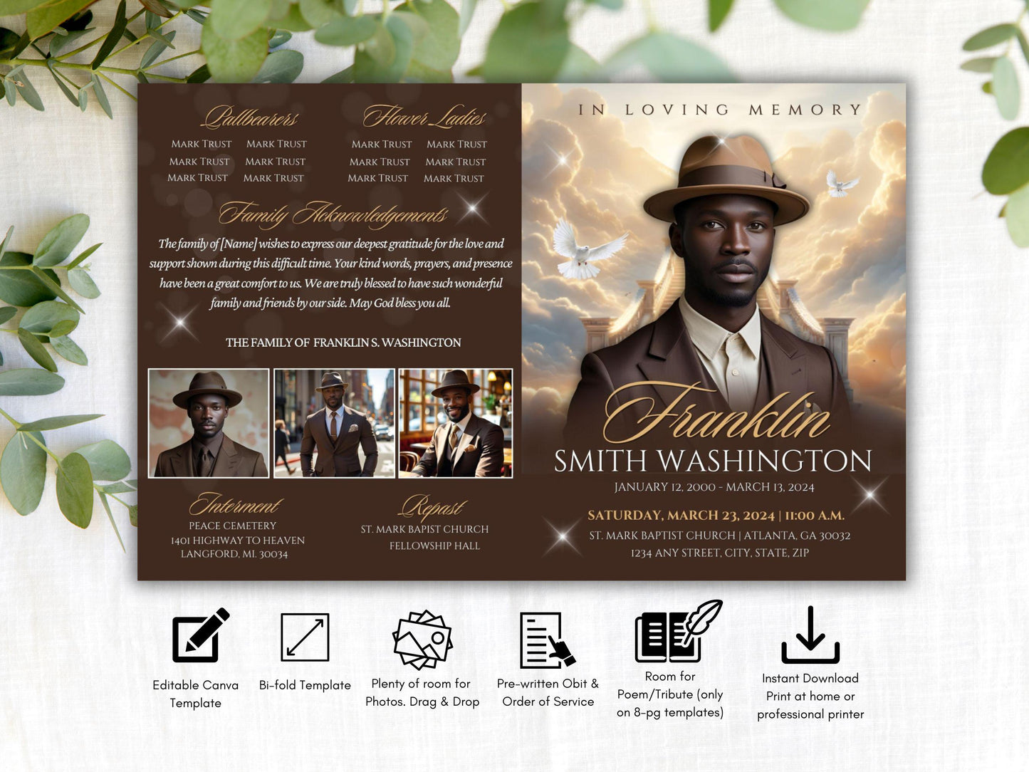 Editable Canva Funeral Program Template | Brown and Gold Stairway | 4-Page 11X17 Bi-fold | Memorial Keepsake | | Canva Template