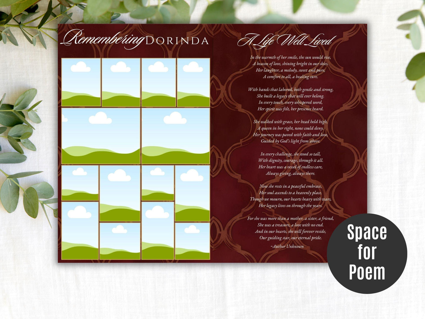 8-Page | 5.5x8.5 Bi-fold Funeral Program Book Design | Burgundy and Gold | Obituary Book| Memorial Keepsake | Canva Template