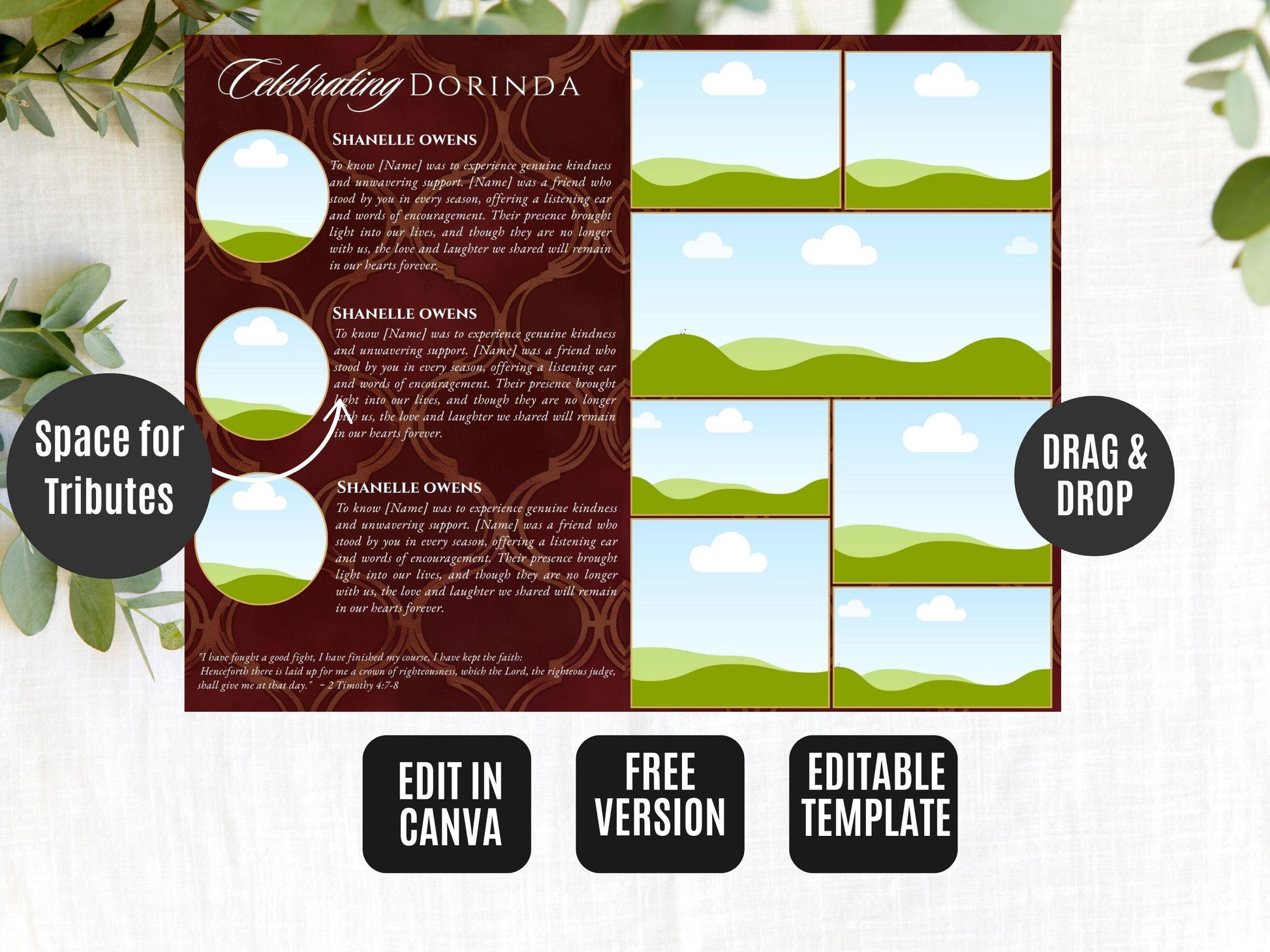 8-Page | 5.5x8.5 Bi-fold Funeral Program Book Design | Burgundy and Gold | Obituary Book| Memorial Keepsake | Canva Template