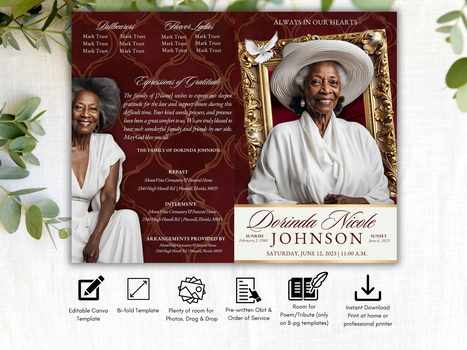 4-Page | 5.5x8.5 Bi-fold Funeral Program Book Design | Maroon (red) and Gold | Obituary Book| Celebration of Life | Canva Funeral Template