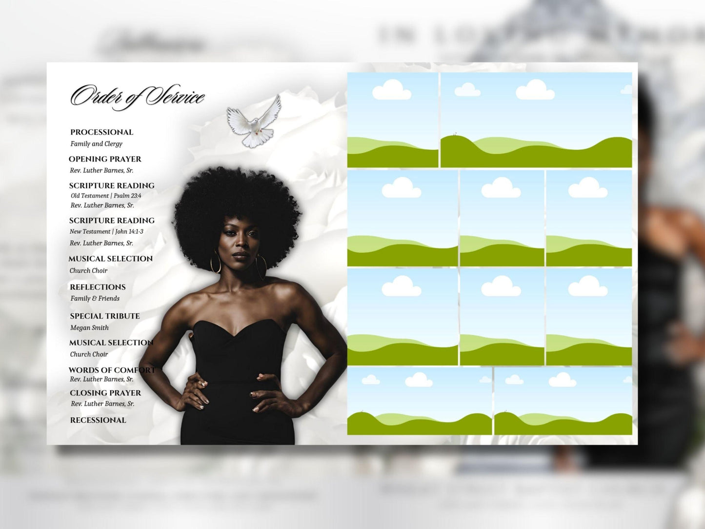 8-Page | 8.5"x11" bi-fold | Celebrate Life w/Diamond Heavenly Gates & White Roses | Customizable Funeral Program Keepsake | Canva Template