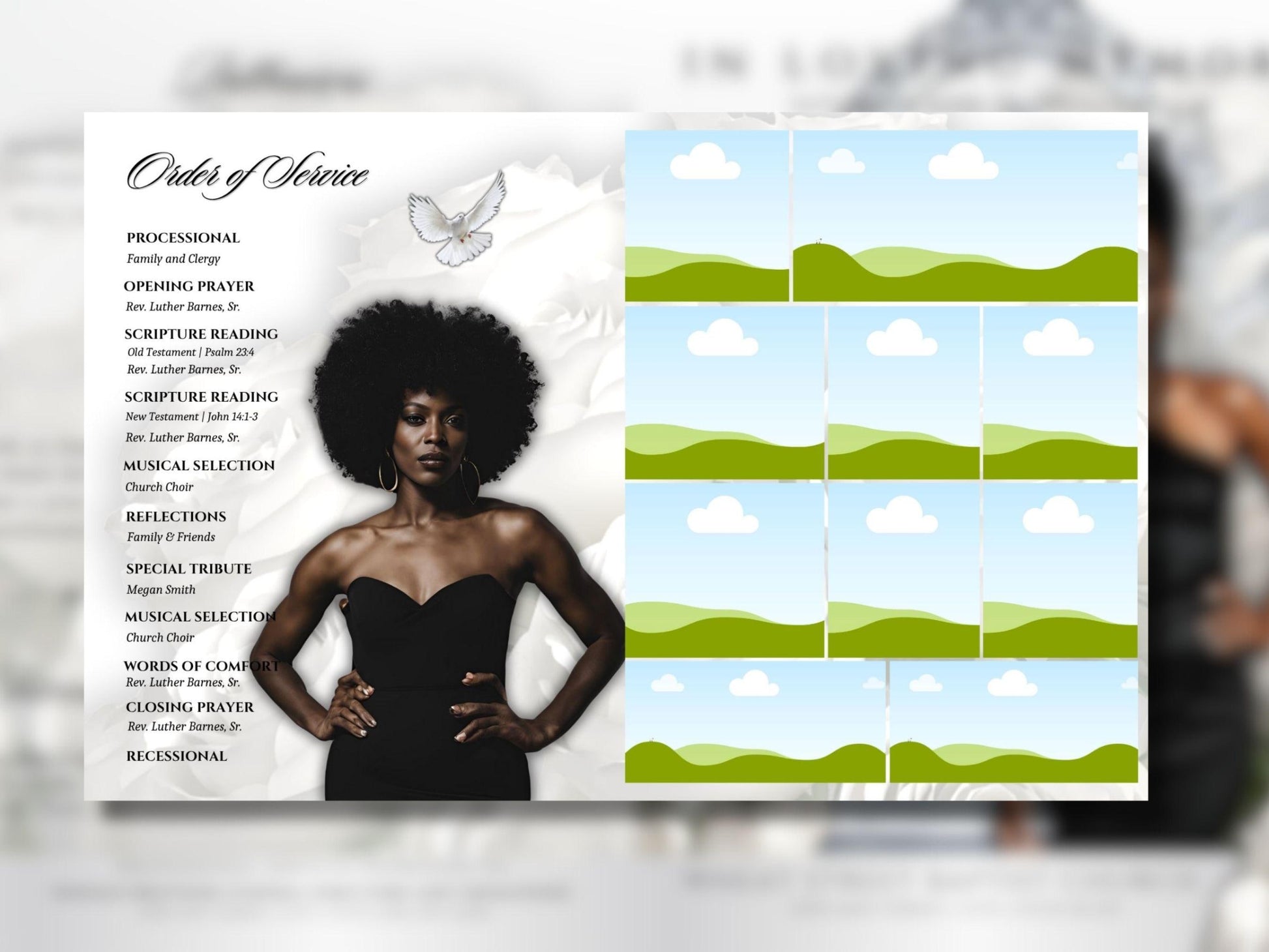 8-Page | 8.5"x11" bi-fold | Celebrate Life w/Diamond Heavenly Gates & White Roses | Customizable Funeral Program Keepsake | Canva Template