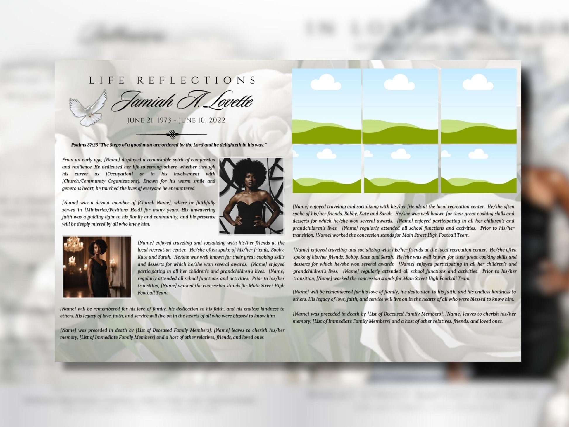 8-Page | 8.5"x11" bi-fold | Celebrate Life w/Diamond Heavenly Gates & White Roses | Customizable Funeral Program Keepsake | Canva Template