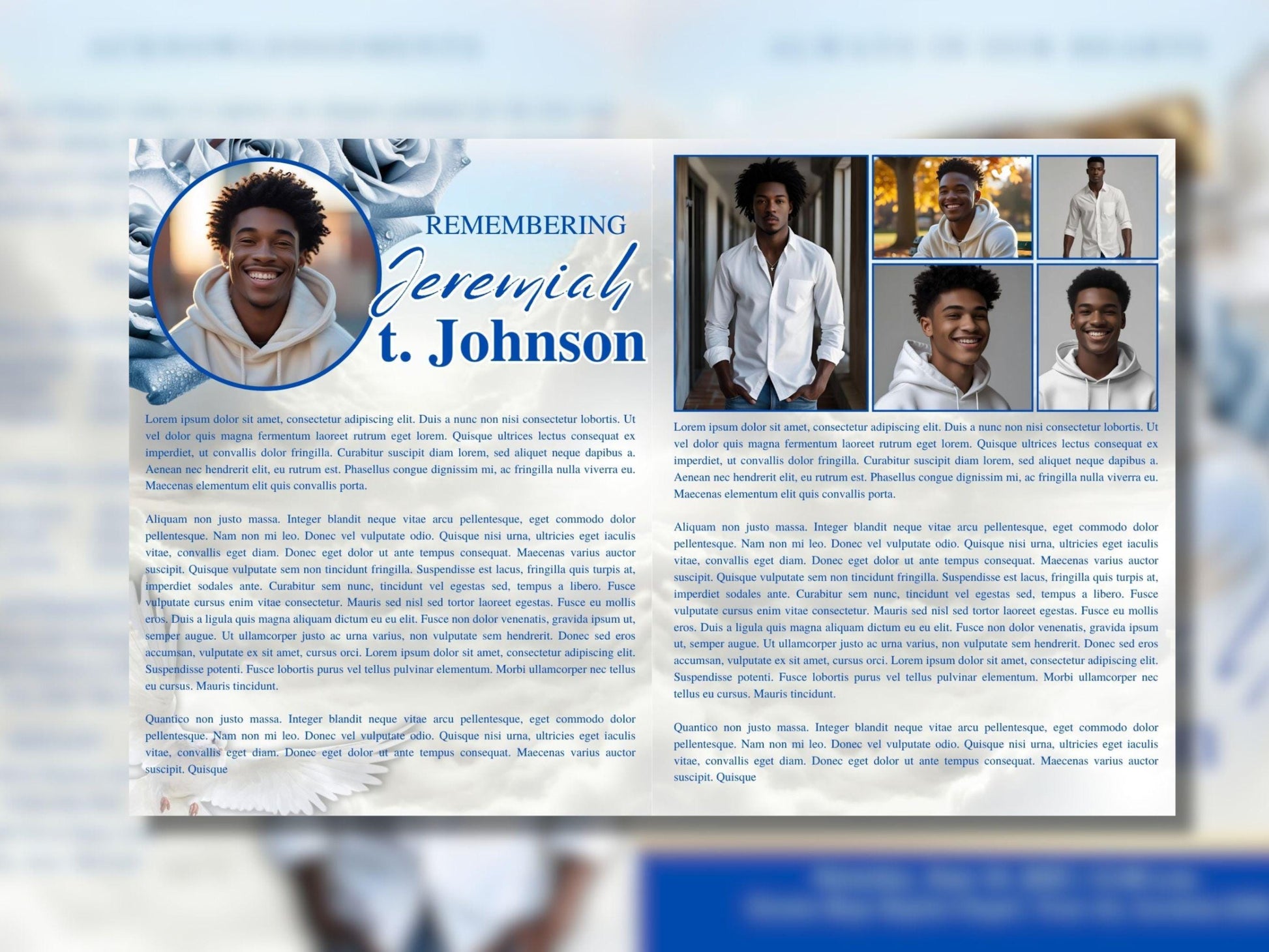 8 Page | 8.5x11 bi-fold | Light Blue Rose Funeral Program, Obituary Program, Memorial Program, Celebration Of Life Program In Loving Memory
