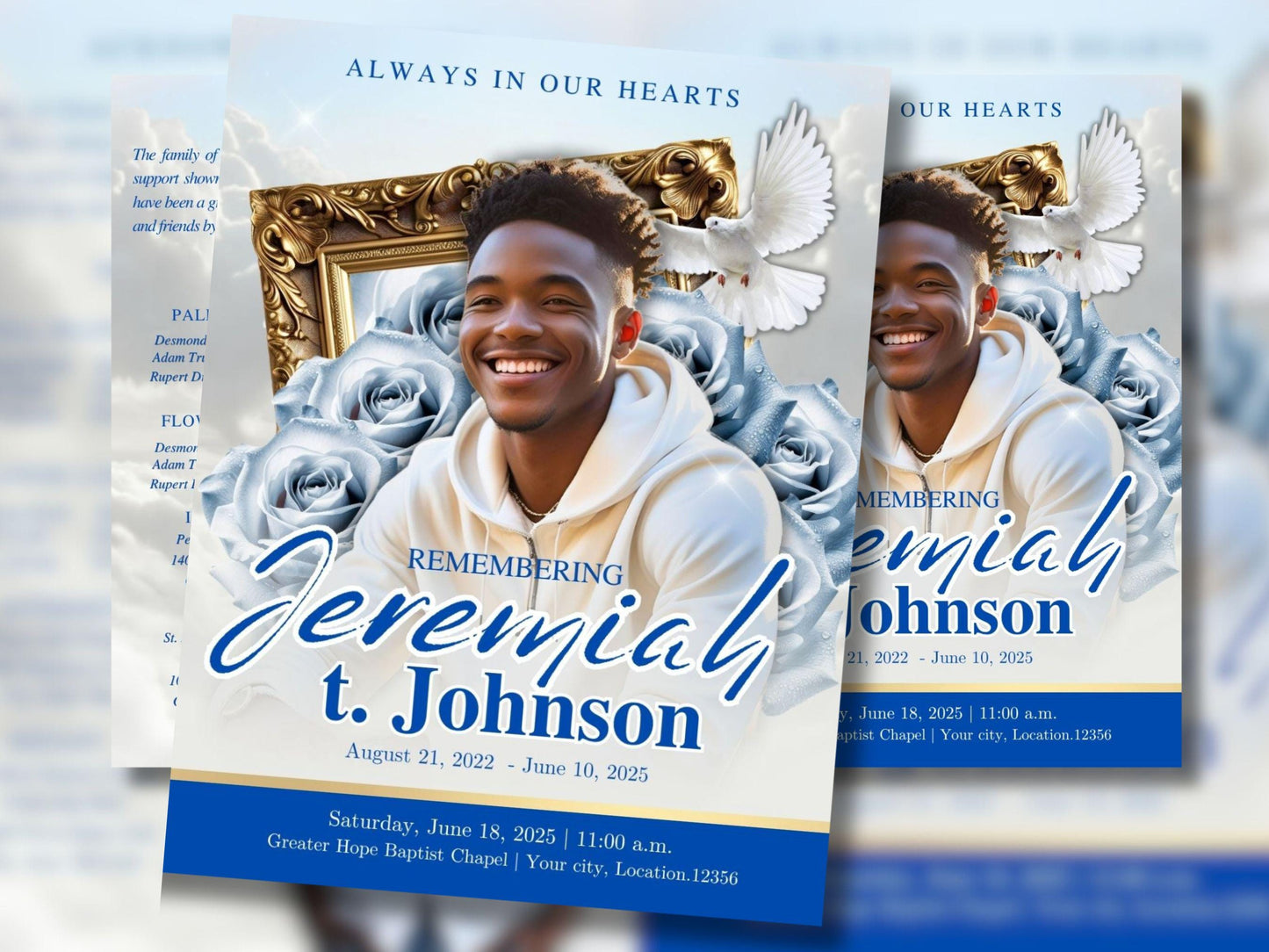 8 Page | 8.5x11 bi-fold | Light Blue Rose Funeral Program, Obituary Program, Memorial Program, Celebration Of Life Program In Loving Memory