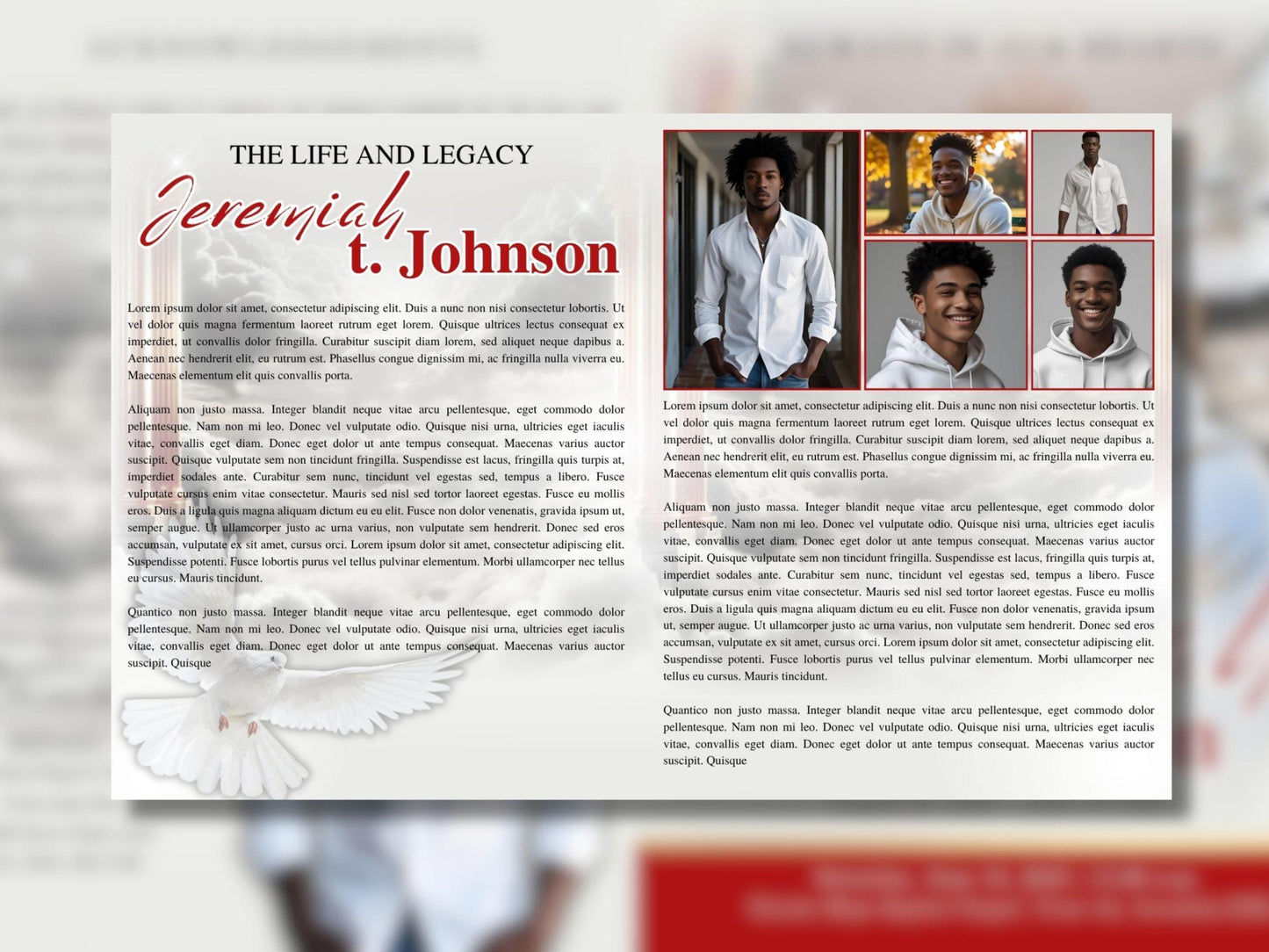 8 Page | 8.5x11 bi-fold |  Red and Gold Funeral Program, Obituary Program, Memorial Program, Celebration Of Life Program In Loving Memory