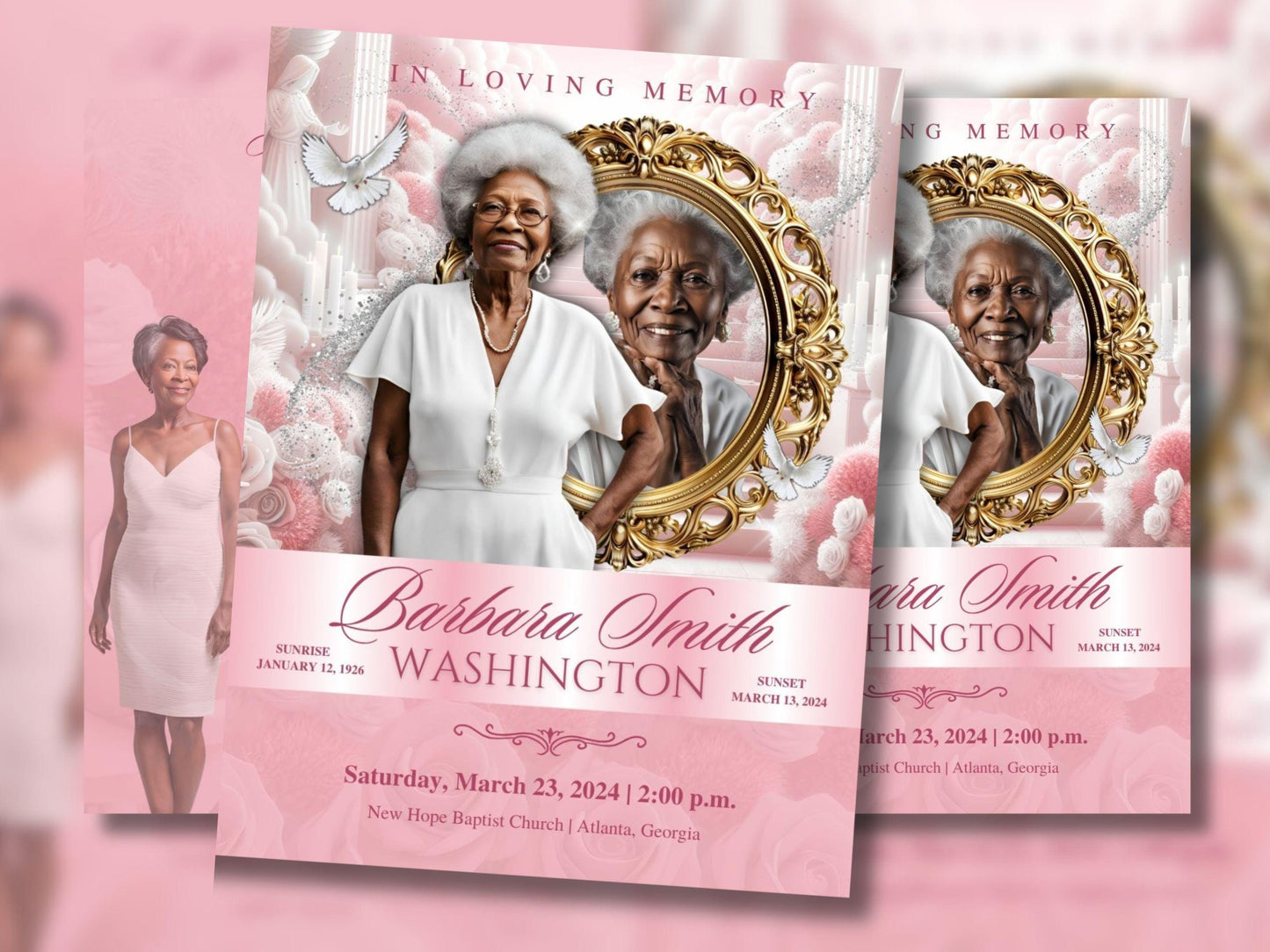 8 Page | 8.5x11 bi-fold |  Pink Flowers Funeral Program, Obituary Program, Memorial Program, Celebration Of Life Program In Loving Memory