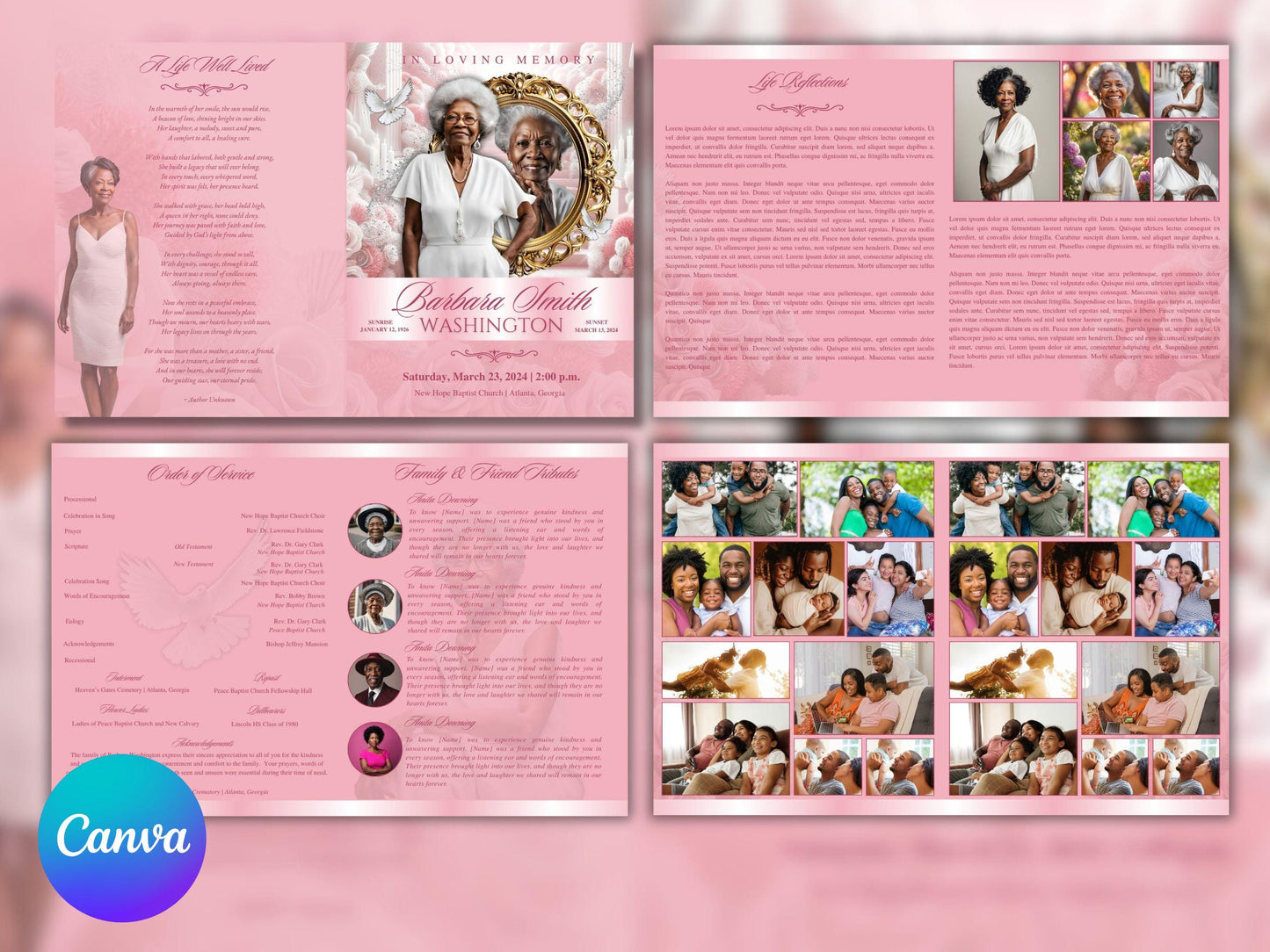 8 Page | 8.5x11 bi-fold |  Pink Flowers Funeral Program, Obituary Program, Memorial Program, Celebration Of Life Program In Loving Memory