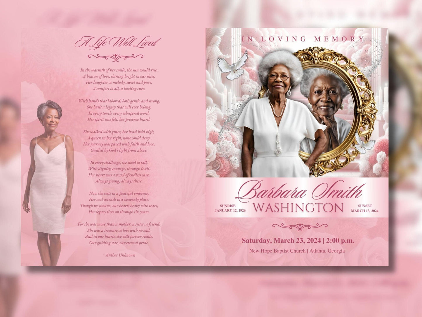 8 Page | 8.5x11 bi-fold |  Pink Flowers Funeral Program, Obituary Program, Memorial Program, Celebration Of Life Program In Loving Memory